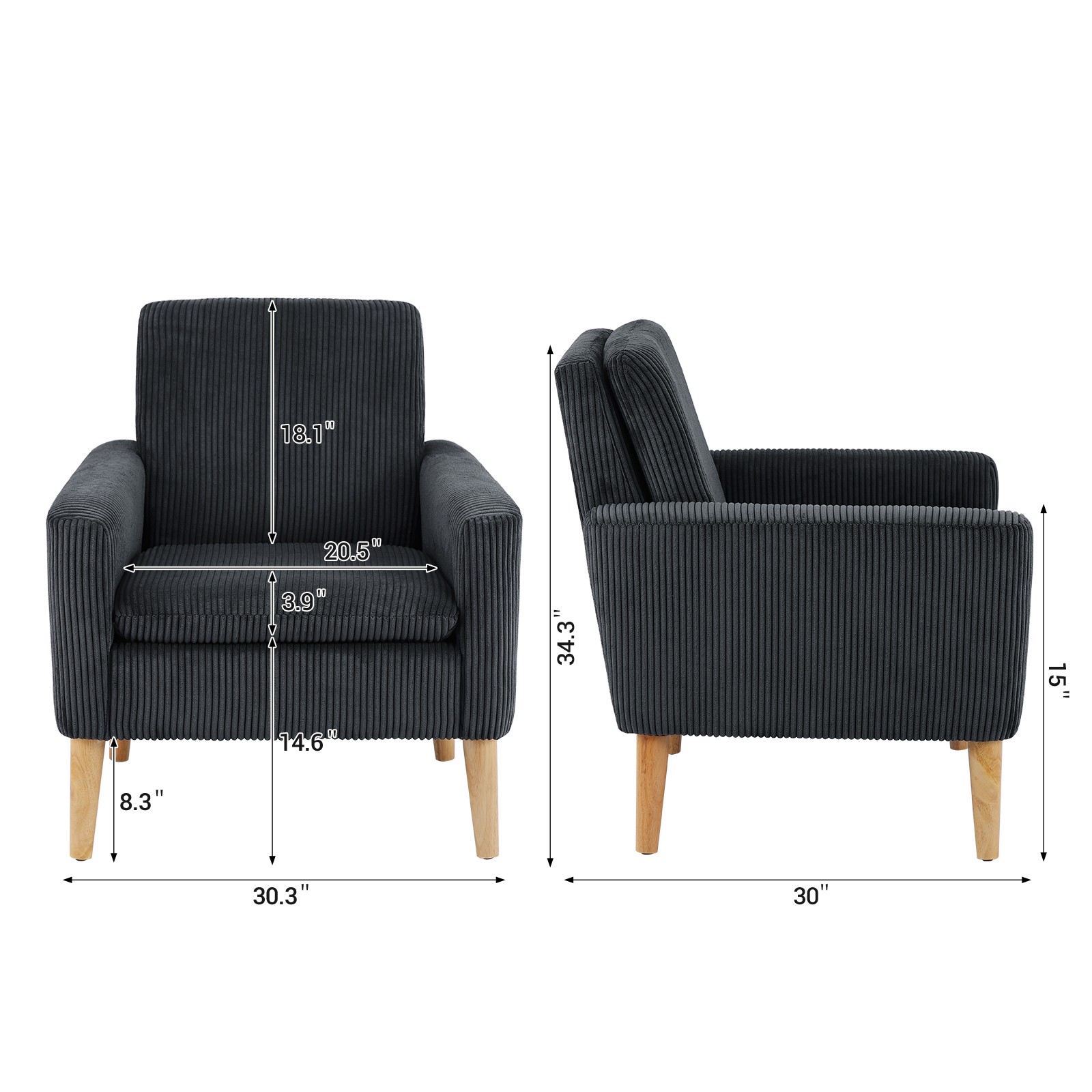 Corduroy Fabric Accent Chair Upholstered Comfy Single Sofa Wood Legs Black US