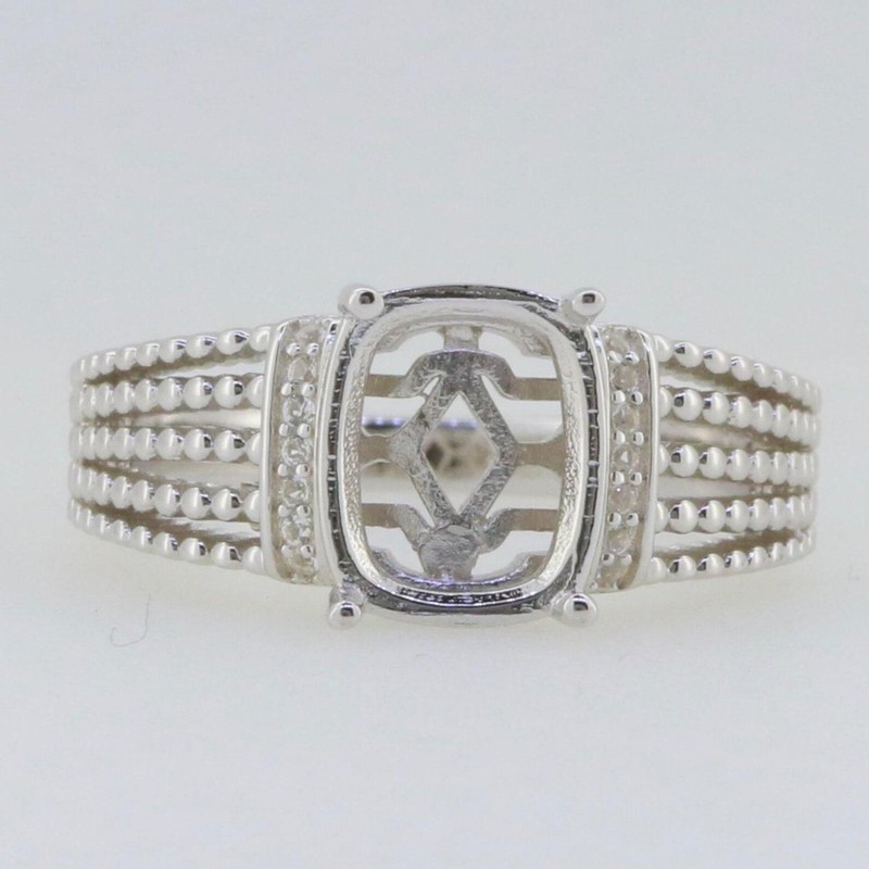 925 Sterling Silver 10x8mm Cushion Semi Mount Ring Beaded Multi Strand Band