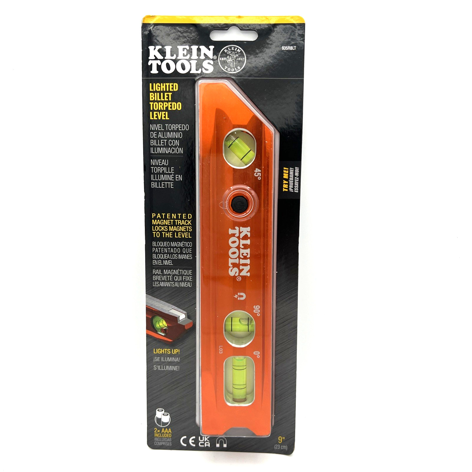 KLEIN TOOLS 935RBLT 9 in LIGHTED BILLET TORPEDO LEVEL - RARE EARTH MAGNETS -NEW