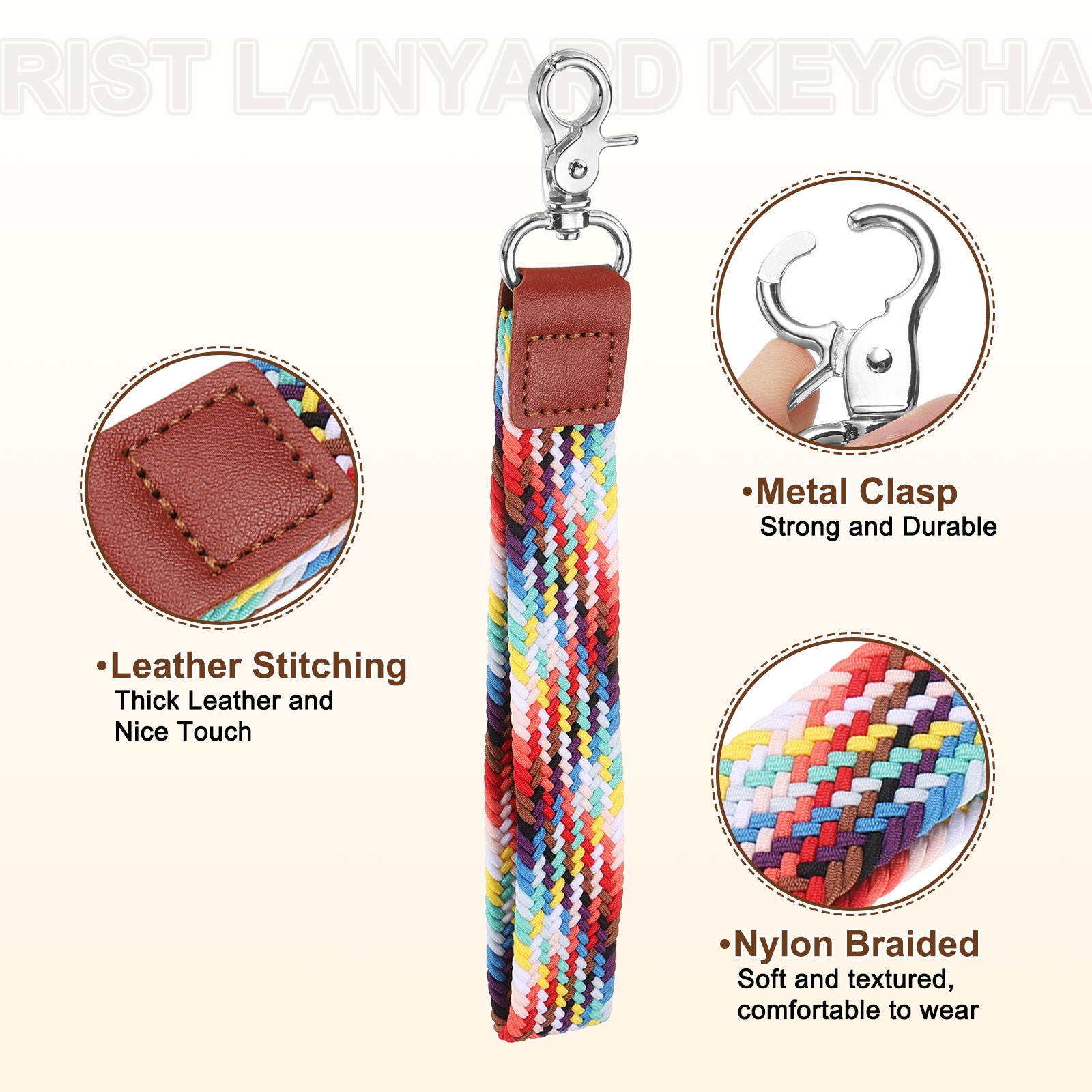 Wrist Lanyard Keychain, Braided Wristlet Strap with Silver Clasp, Rainbow