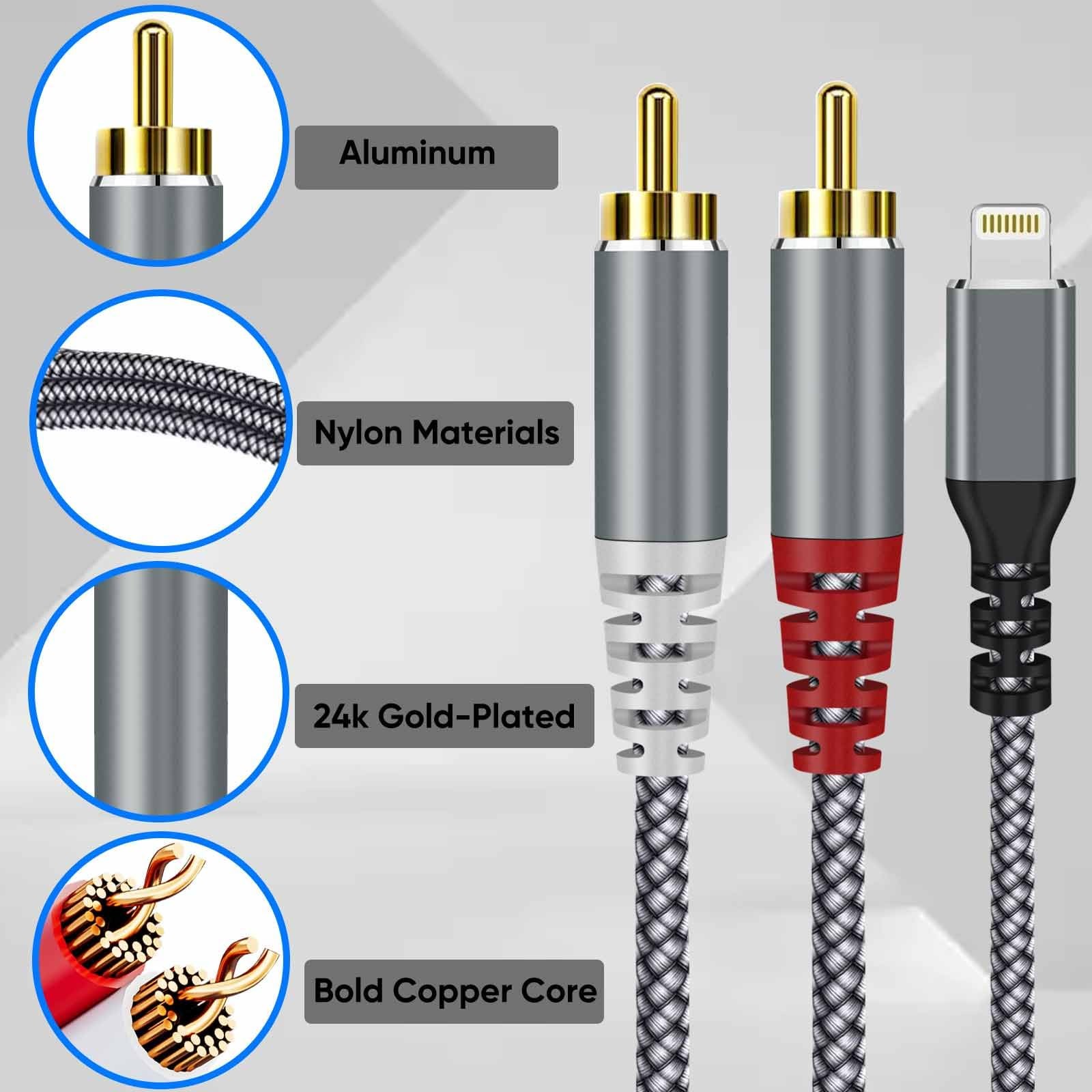 [MFi Certified] Compatible with Lightning to RCA Cable Audio 4FT, Grey
