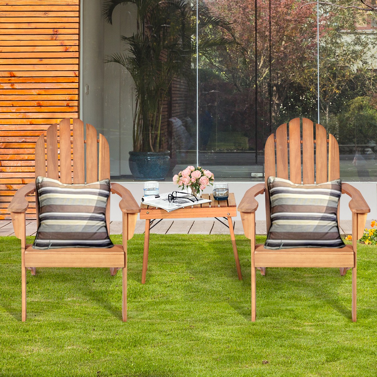 3PCS Patio Adirondack Chair Table Set Garden Deck Furniture