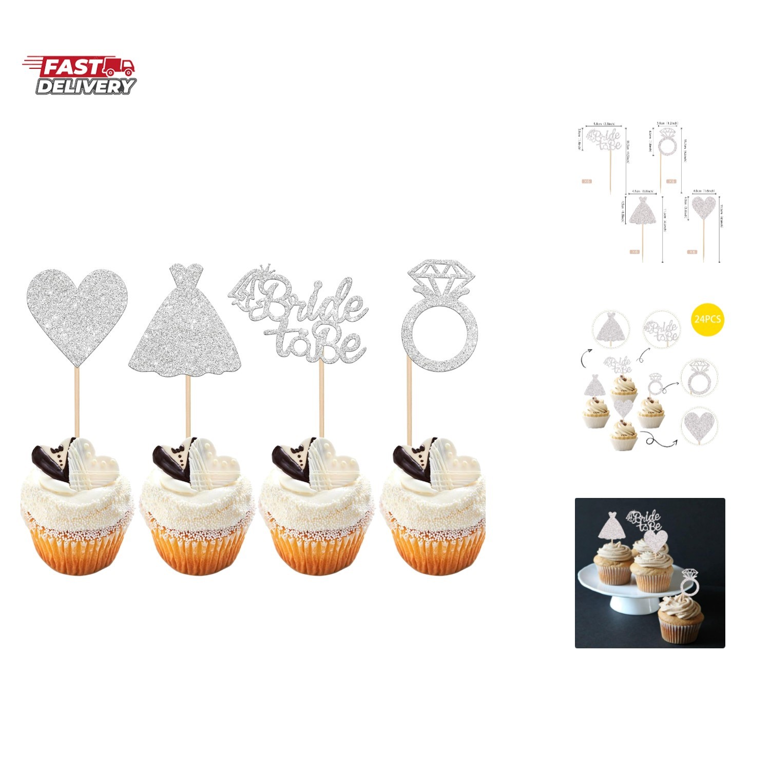 24 PCS Bride to Be Cupcake Toppers with Heart Ring Dress Bridal Shower Cupcak...