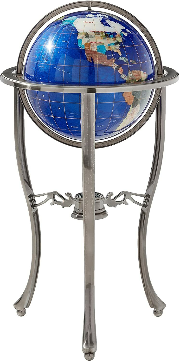 36" Tall Blue Pearl Swirl Gemstone World Globe with Tripod Silver Floor Stand