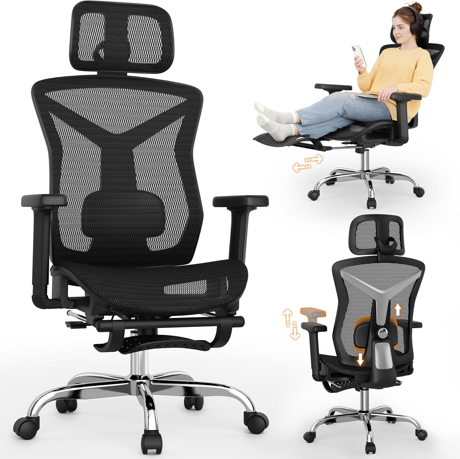 Ergonomic Office Chair W/ Footrest Desk Chair Comfy W/ 3D Adjustable Lumbar