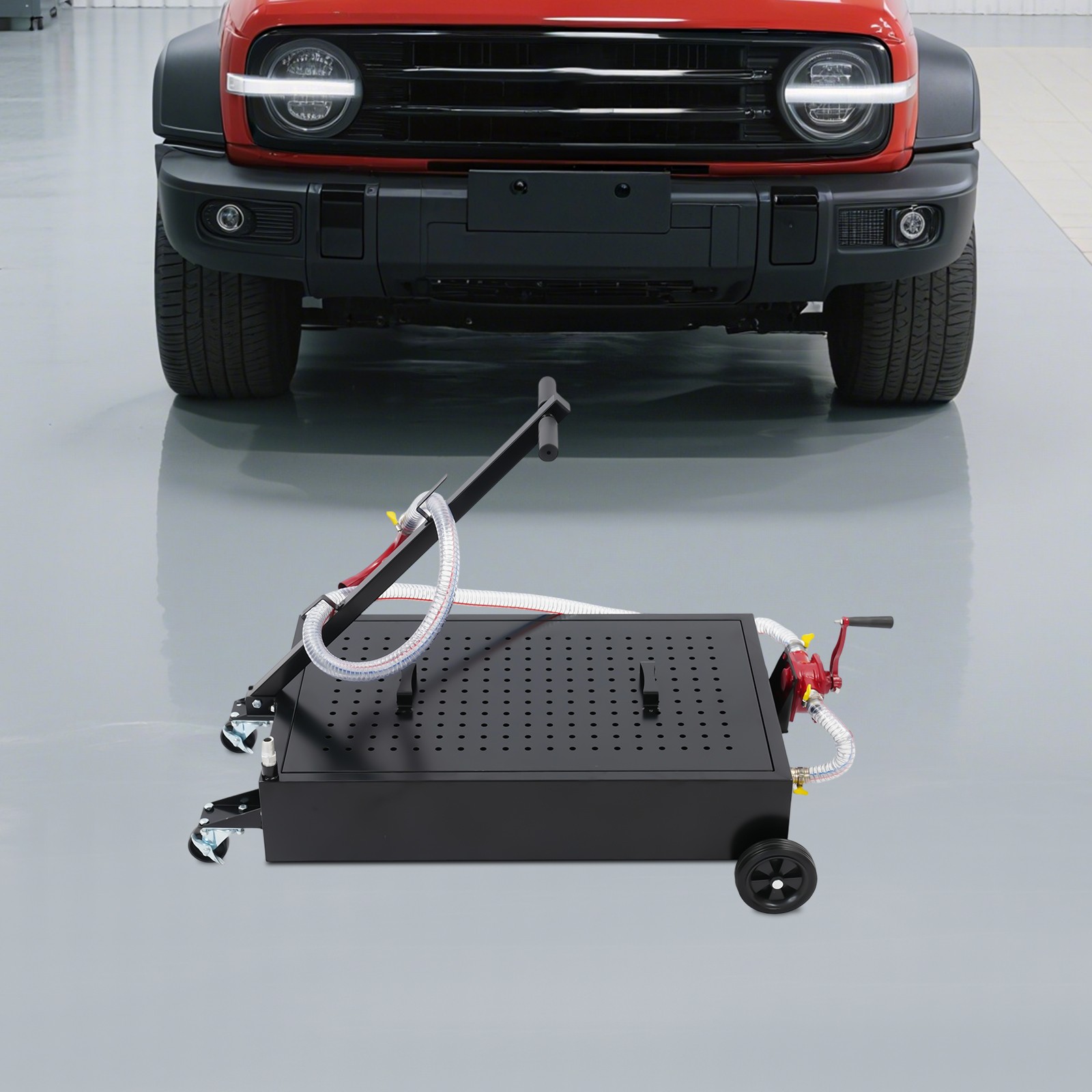 Large 17-Gallon Oil Drain Pan with Manual Pump & Hose for Easy Use
