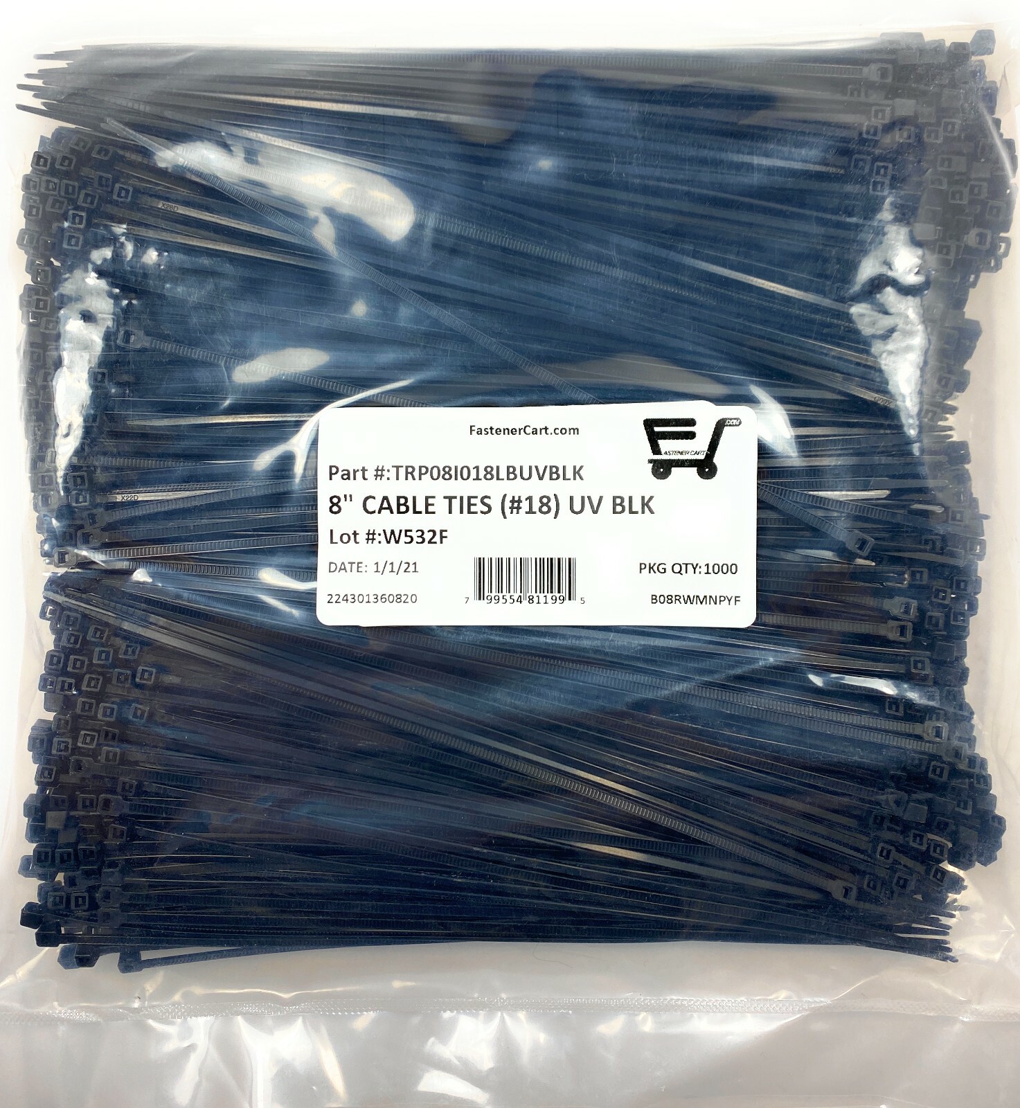 (1000) 8" Cable Ties (.095 Width) High UV Resistant Zip Ties 18# Tensile Black