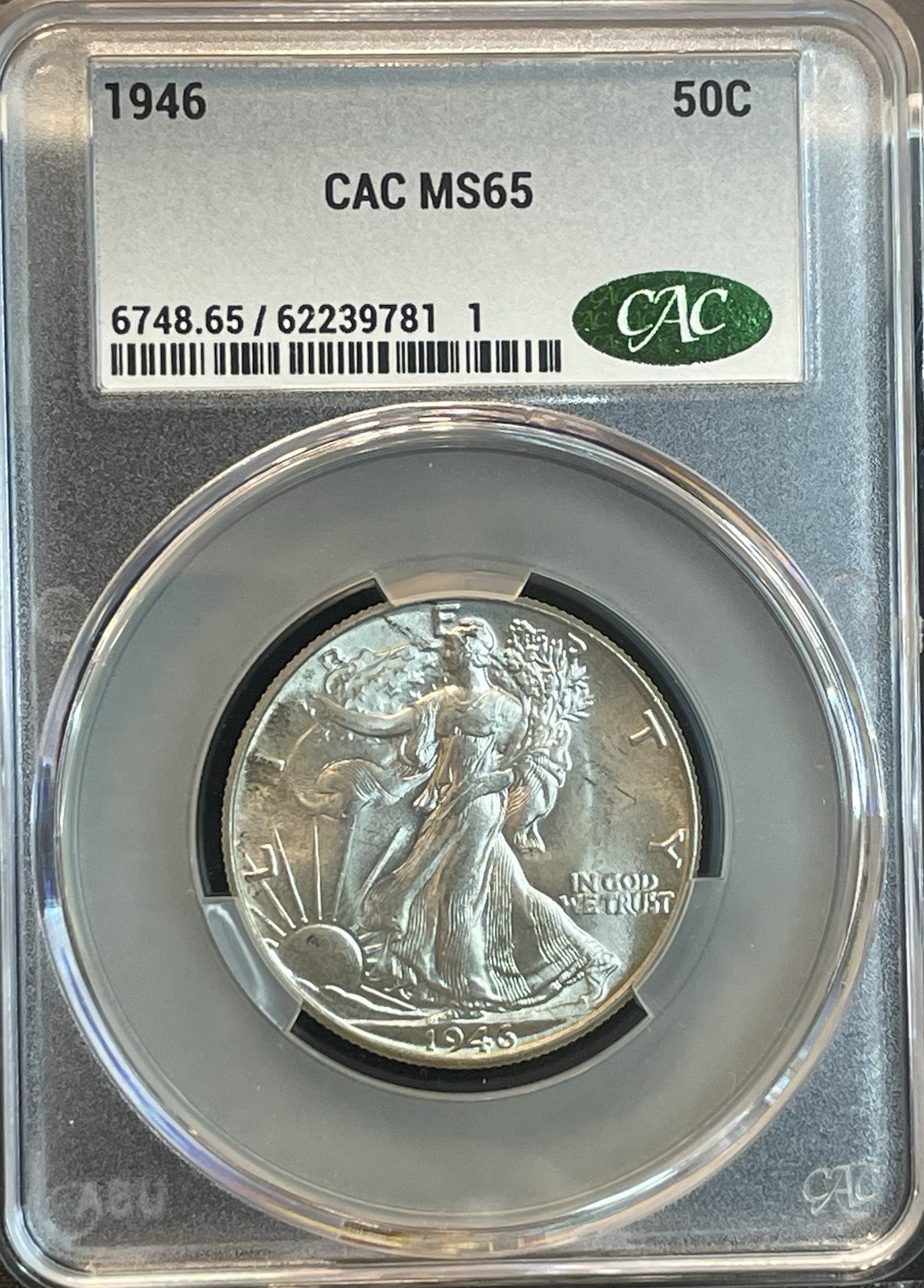1946 Walking Liberty Half CACG MS65 Gem BU Brilliant Blast White Pretty Coin
