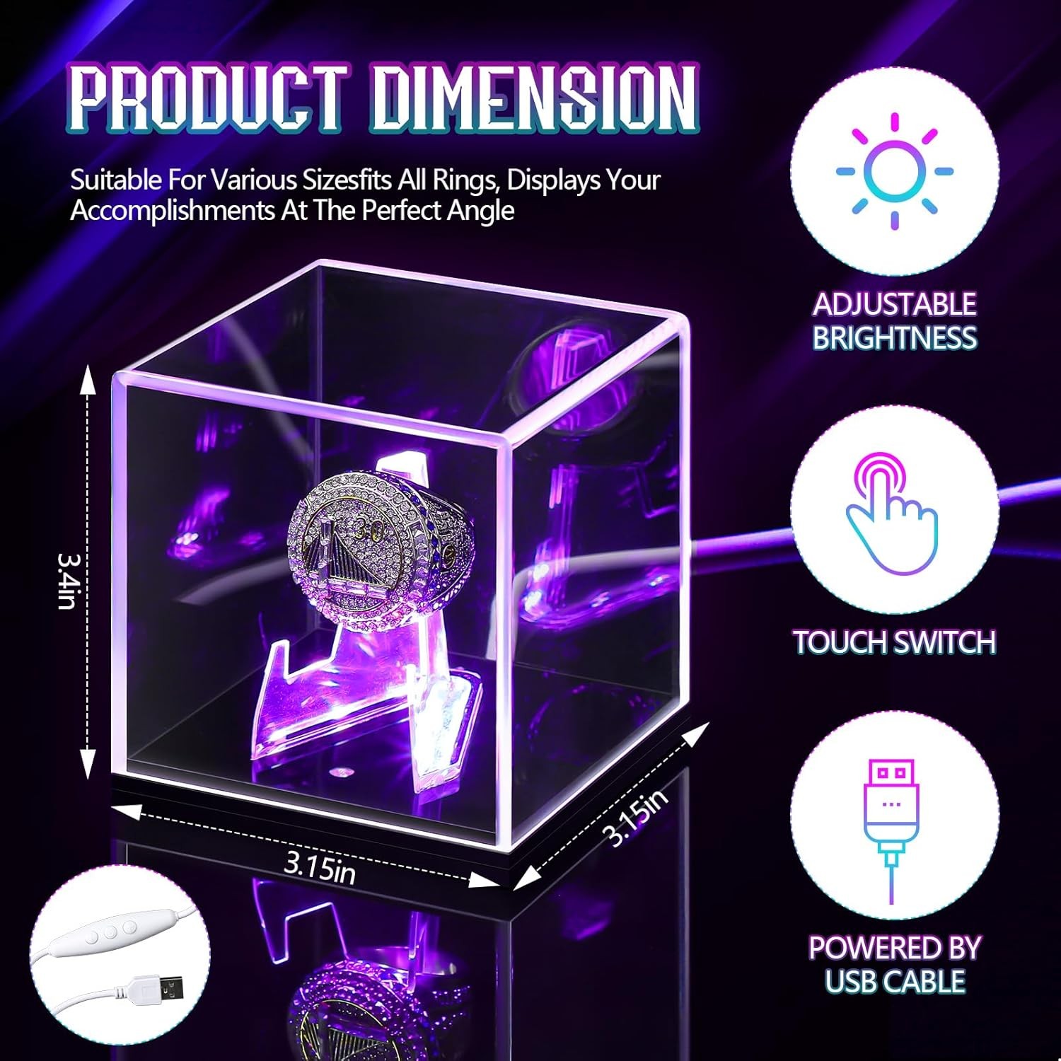 Acrylic Championship Ring Display Case with LED Light 7 Color Clear