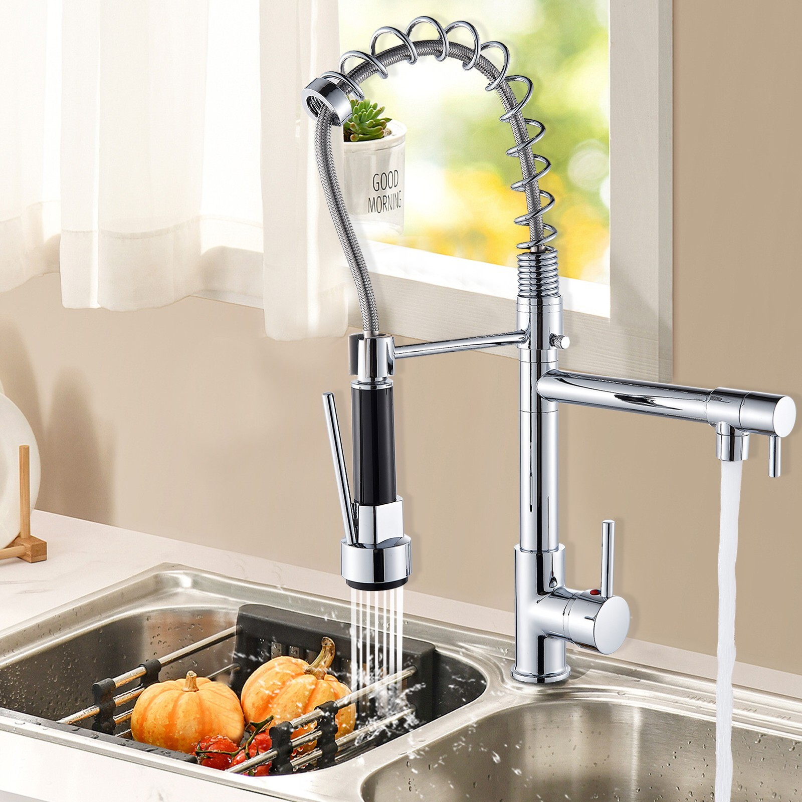 Chrome Kitchen Faucet Sink Mixer Pull Down Sprayer Single Handle Swivel Faucet