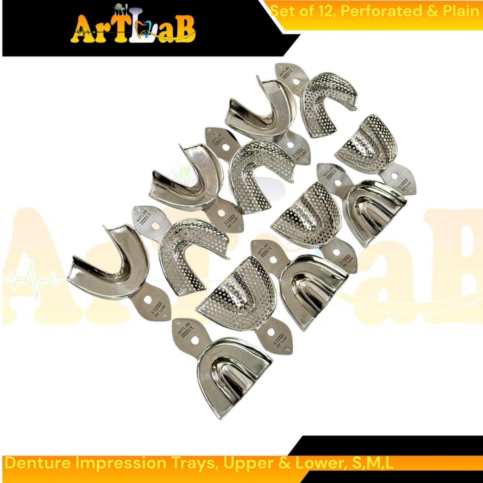Perforated & Non-Perforated Denture Impression Trays, Upper + Lower, 12 Pack