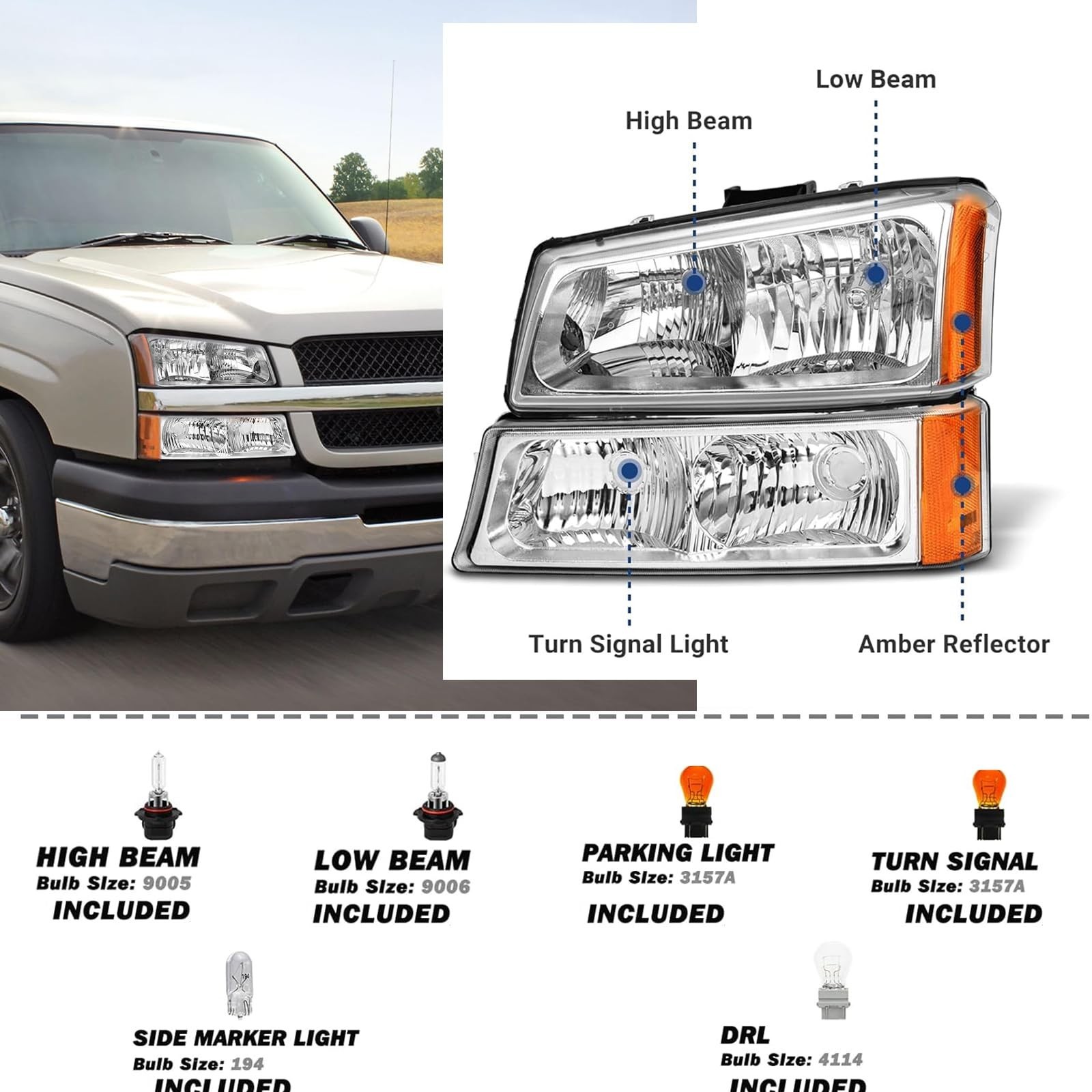 Headlights Assembly w/Bulbs compatible with 2003 2004 2005 2006 Chevy Silvera...