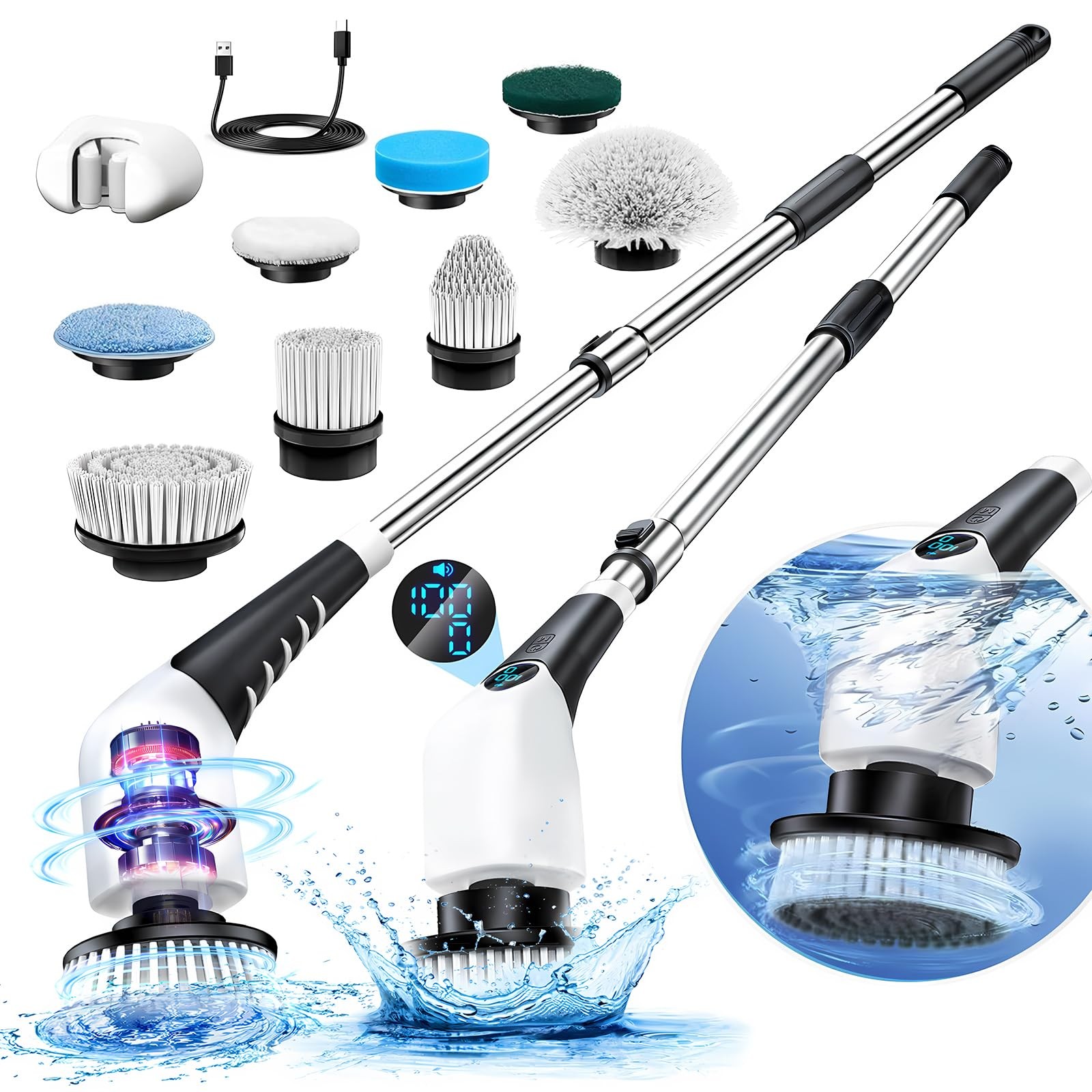 Electric Spin Scrubber, Cordless Cleaning Brush with 8 Replaceable Brush Heads,