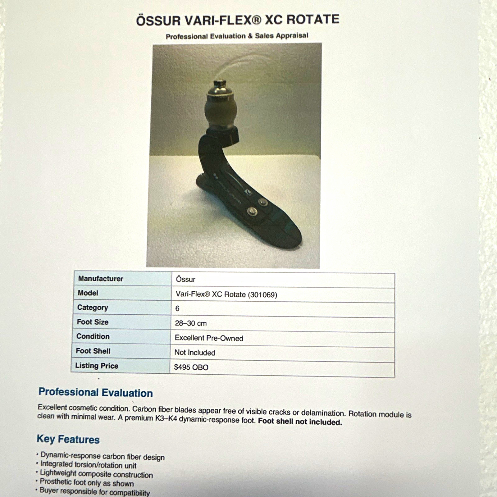 Össur Vari-Flex XC Rotate Prosthetic Foot Module, MPN 301069