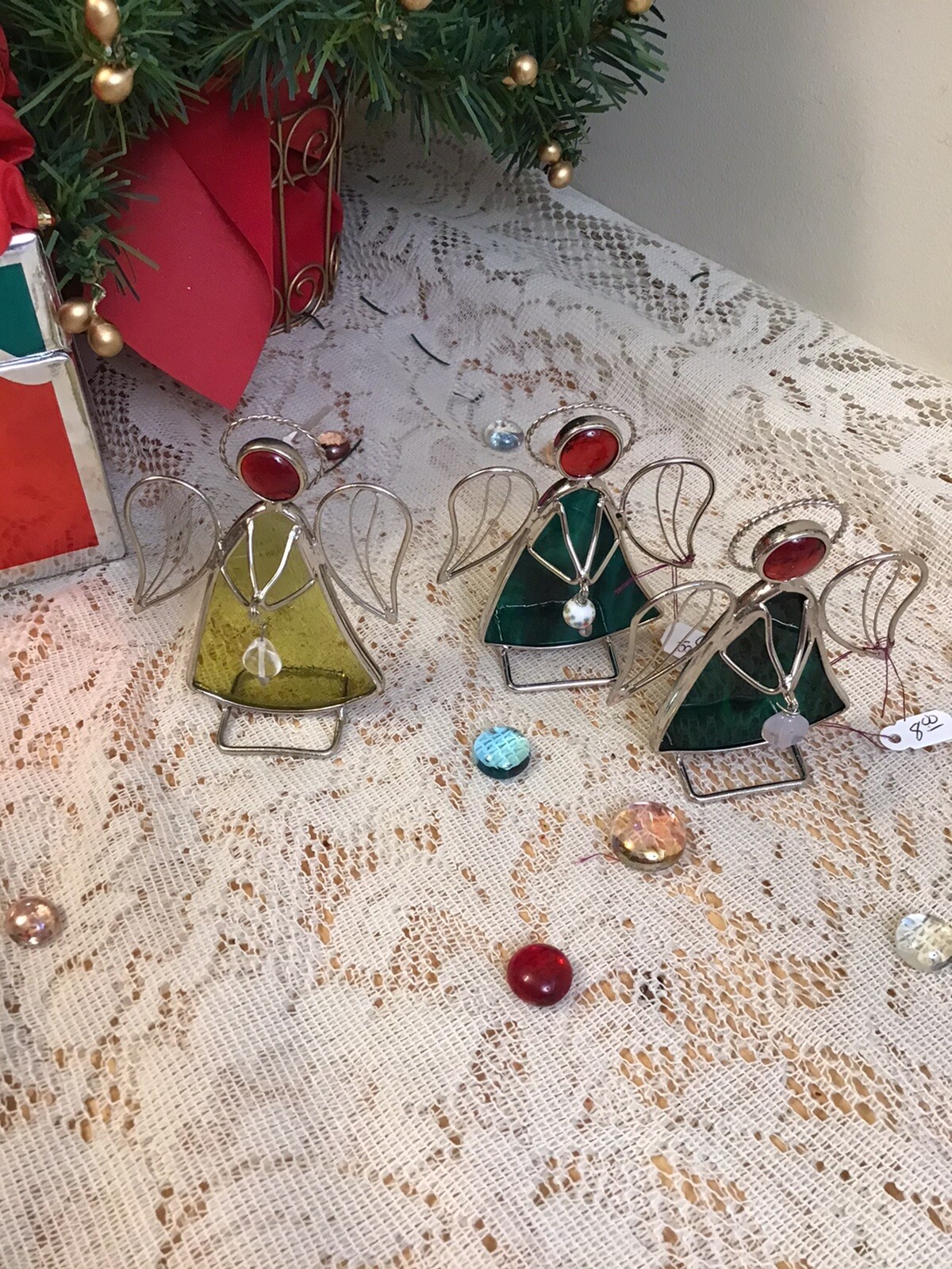 3 Stained Glass Angels - Green & Yellow Sun catchers / Ornaments - Free Standing