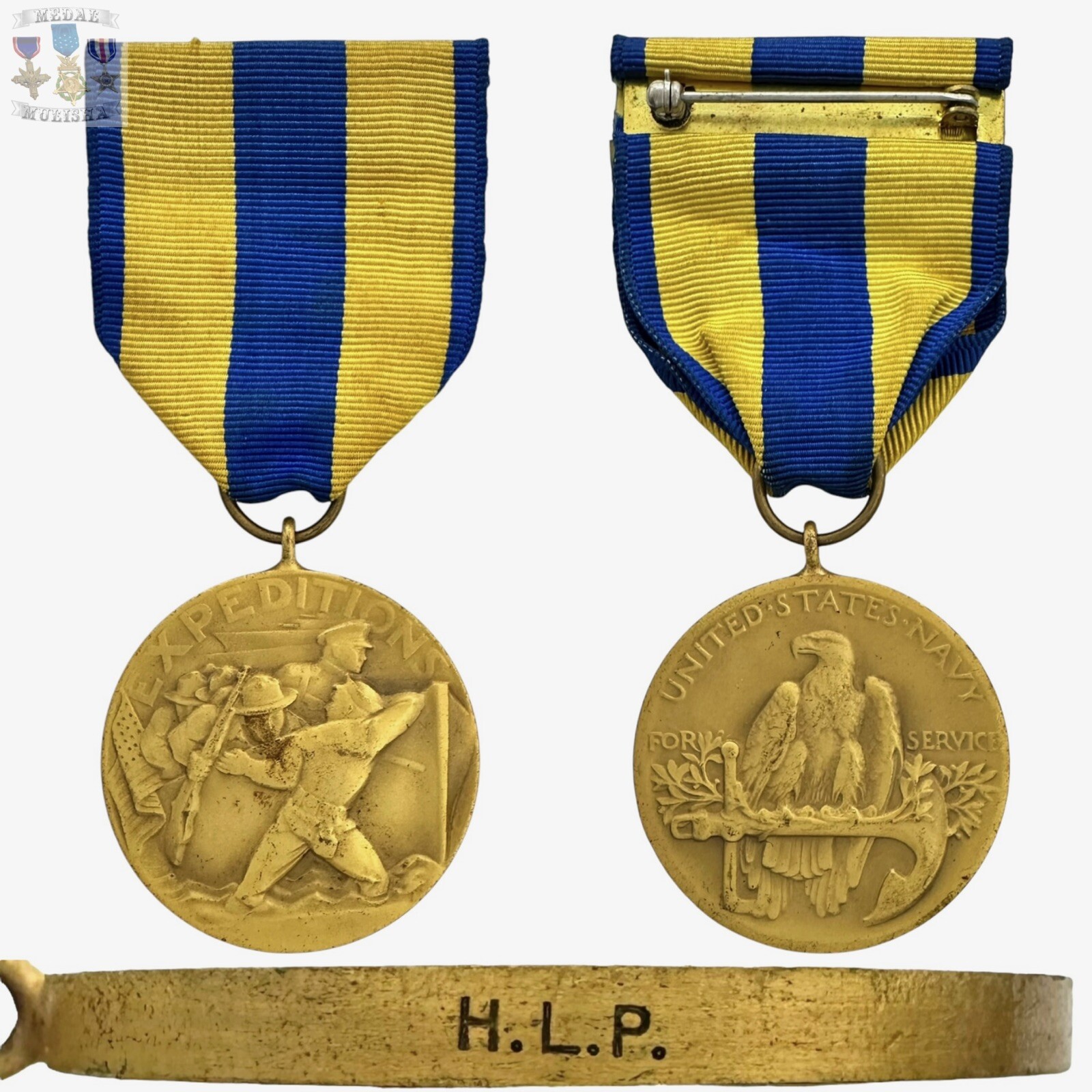 U.S. NAVY EXPEDITIONS MEDAL H.L.P. ENGRAVED RIM CRIMP BROOCH “HIS LORDSHIP” #4