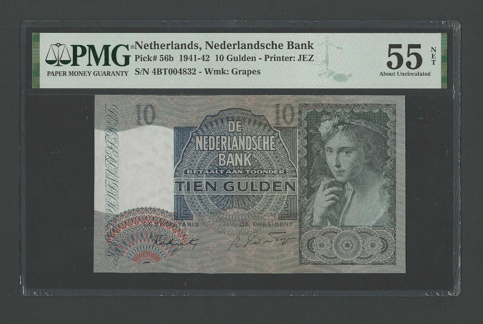 Netherlands 10 Gulden 10-4-1942 P56b "S/N 004832" About Uncirculated