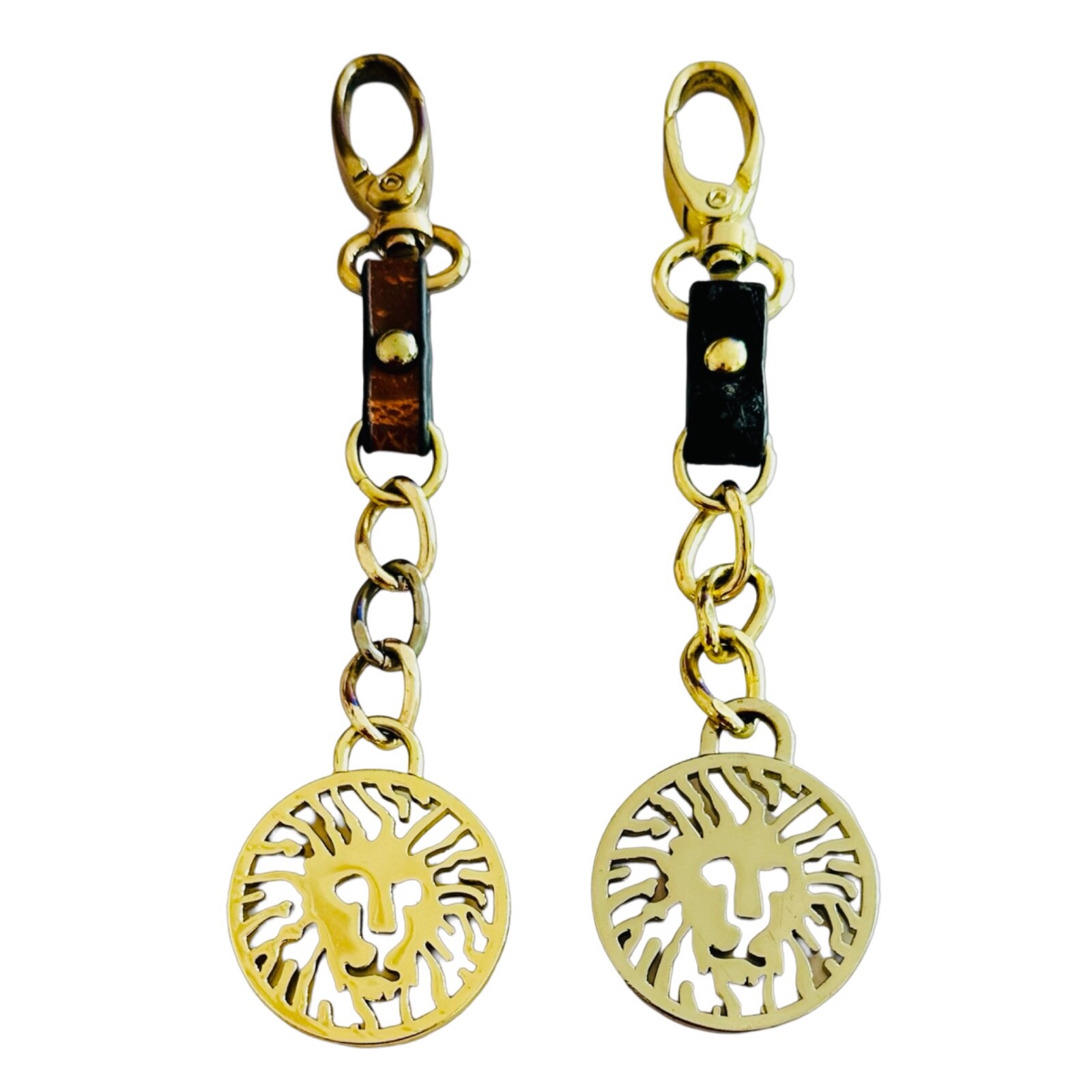 ANNE KLEIN Logo Keychain Bag Charm 5 3/4” (pair of 2) Gold Metal & Leather