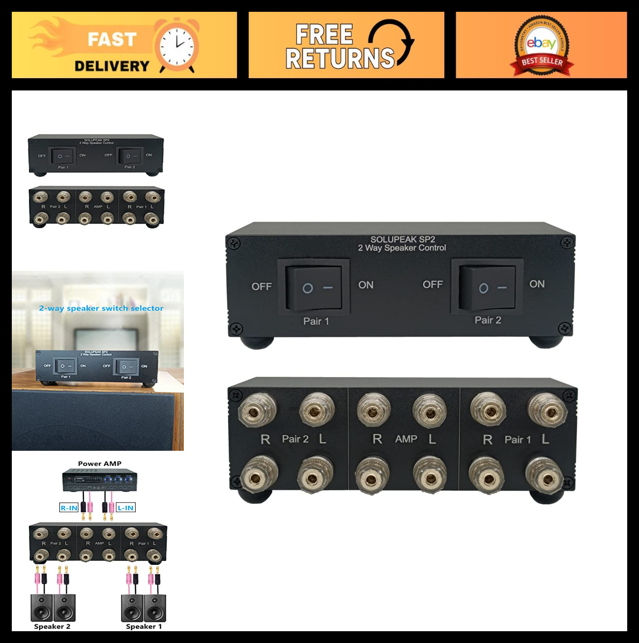 2 Zone Stereo Speaker Selector Switch Box for Multi-Channel Amp