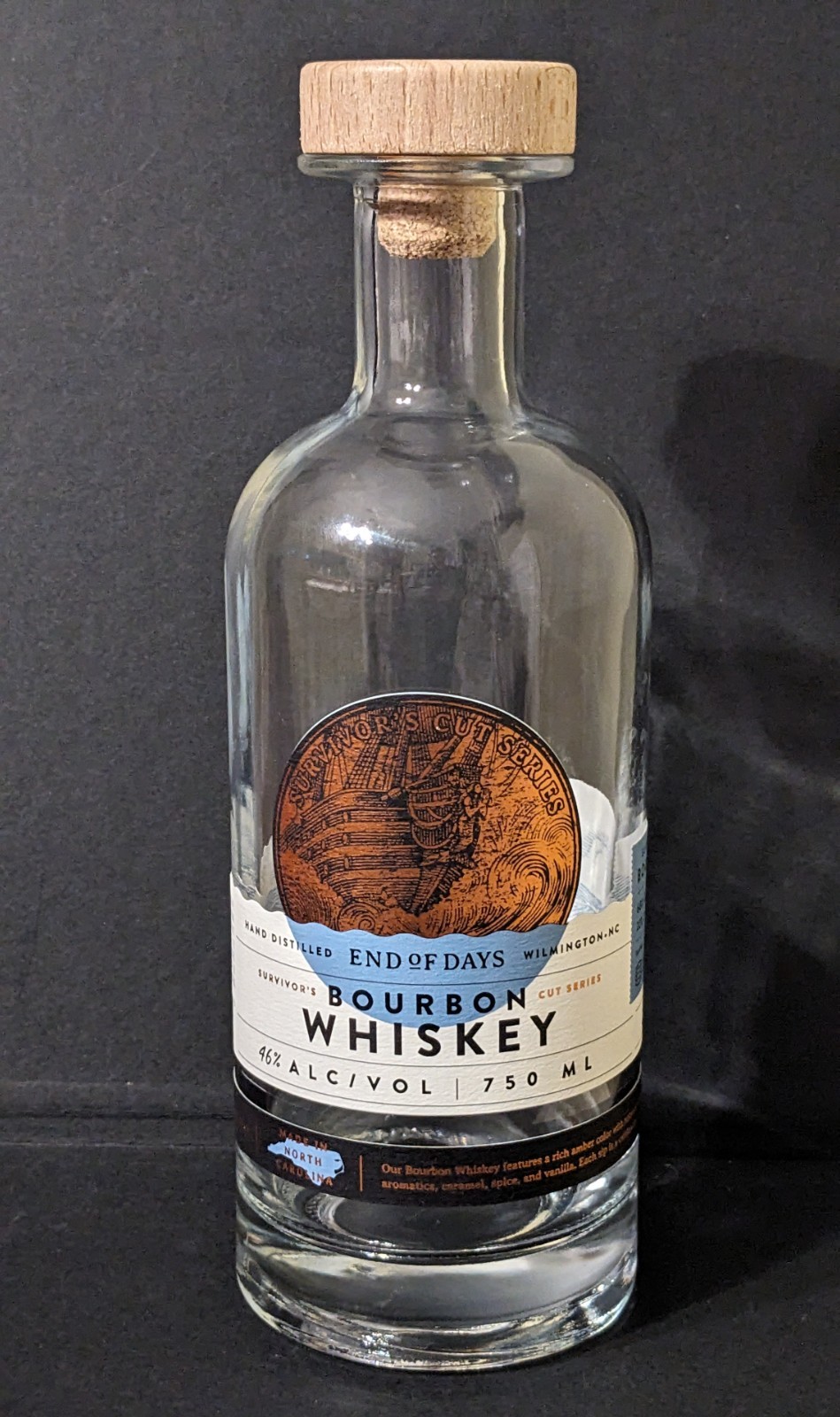 End of Days Survivor's Cut Bourbon Whiskey EMPTY glass bottle 750ml, from NC
