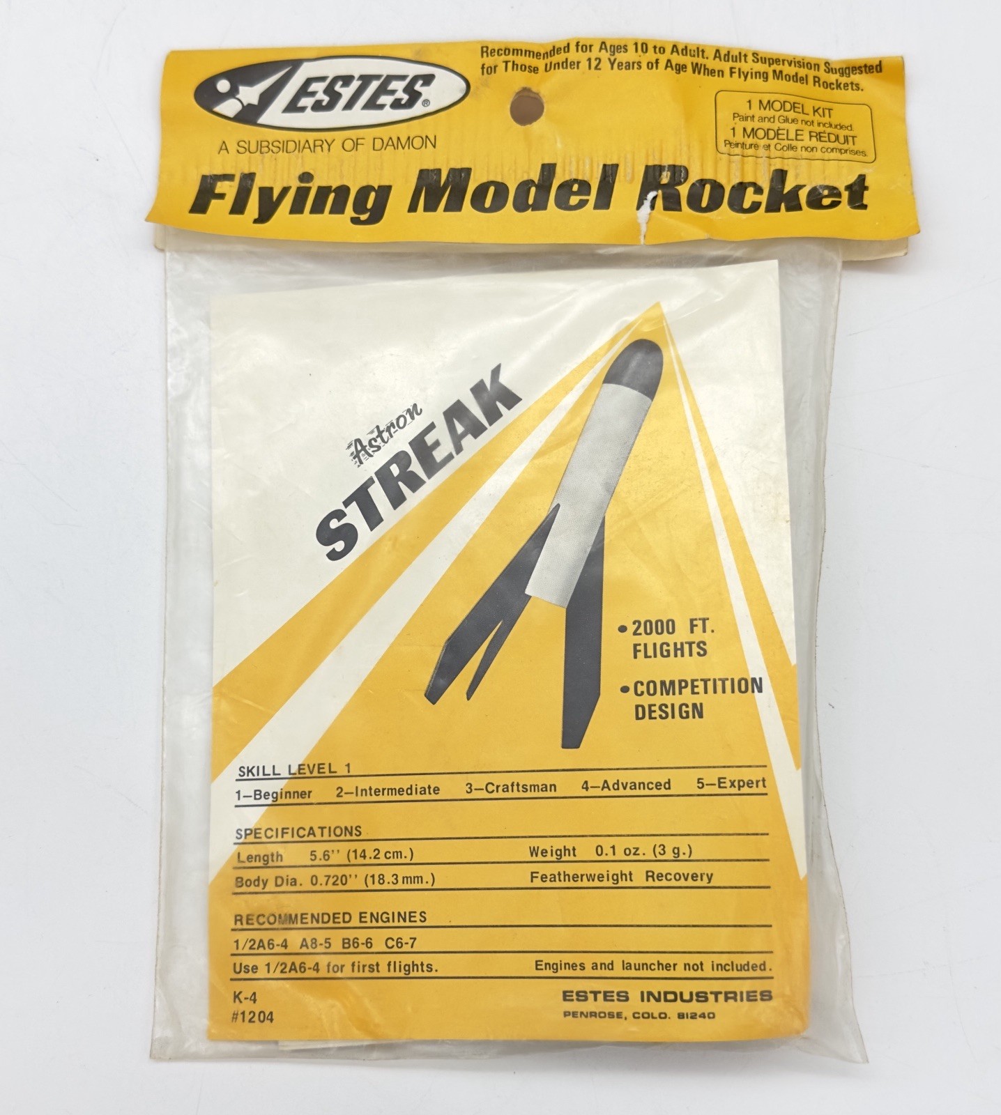 RARE Unopened Estes Astron STREAK Flying Model Rocket Kit 1204 Skill Level 1