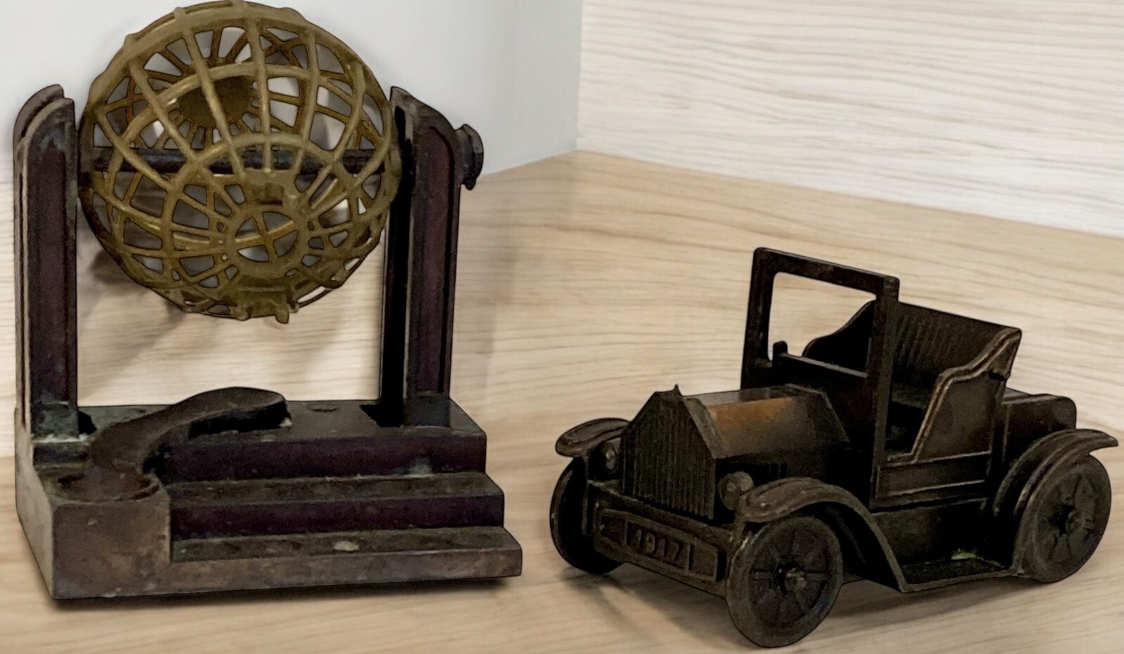 2 Vintage Metal Pencil Sharpeners Antique Car and Bingo Lottery Ball Cage