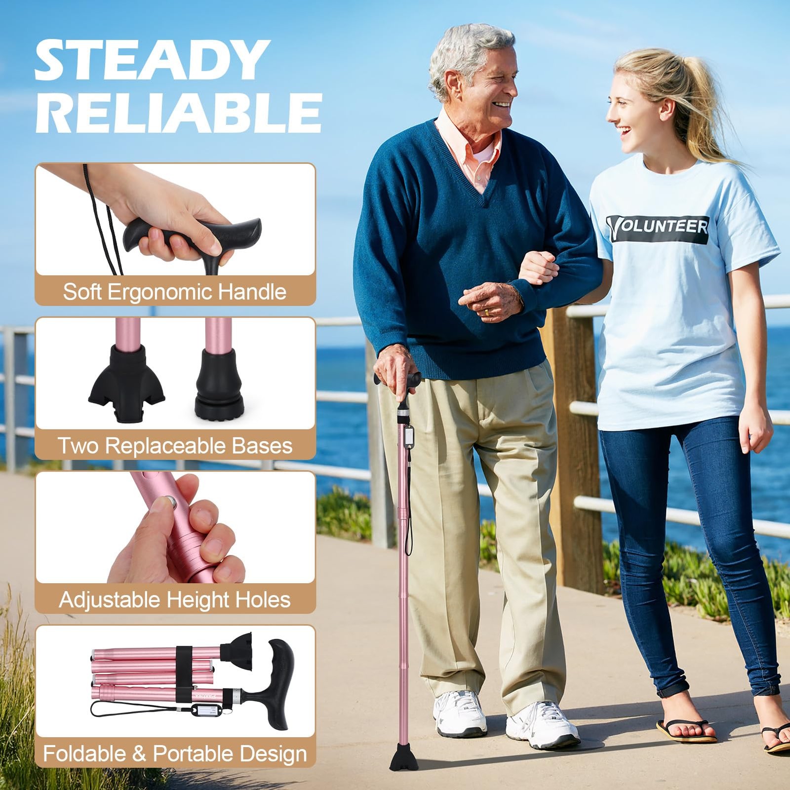 Folding Walking Cane for Women/Men-Lightweight,Adjustable,Collapsible Walking...