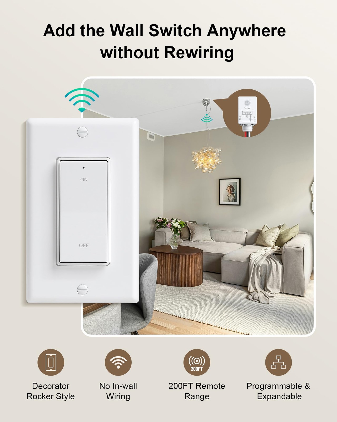 Wireless Light Switch and Receiver Kit, Decorator Rocker Wall Switch, 15A Hig...