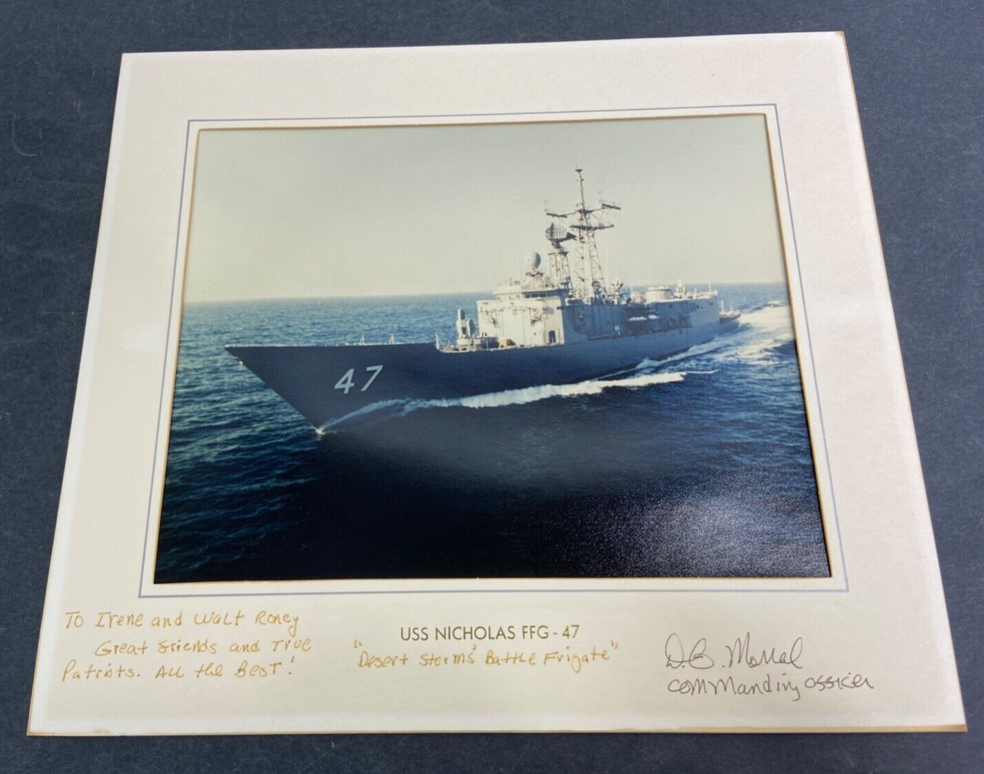 Vintage USS Nicholas FFG-47 Commanding Officer Inscribed & Signed Matted Photo