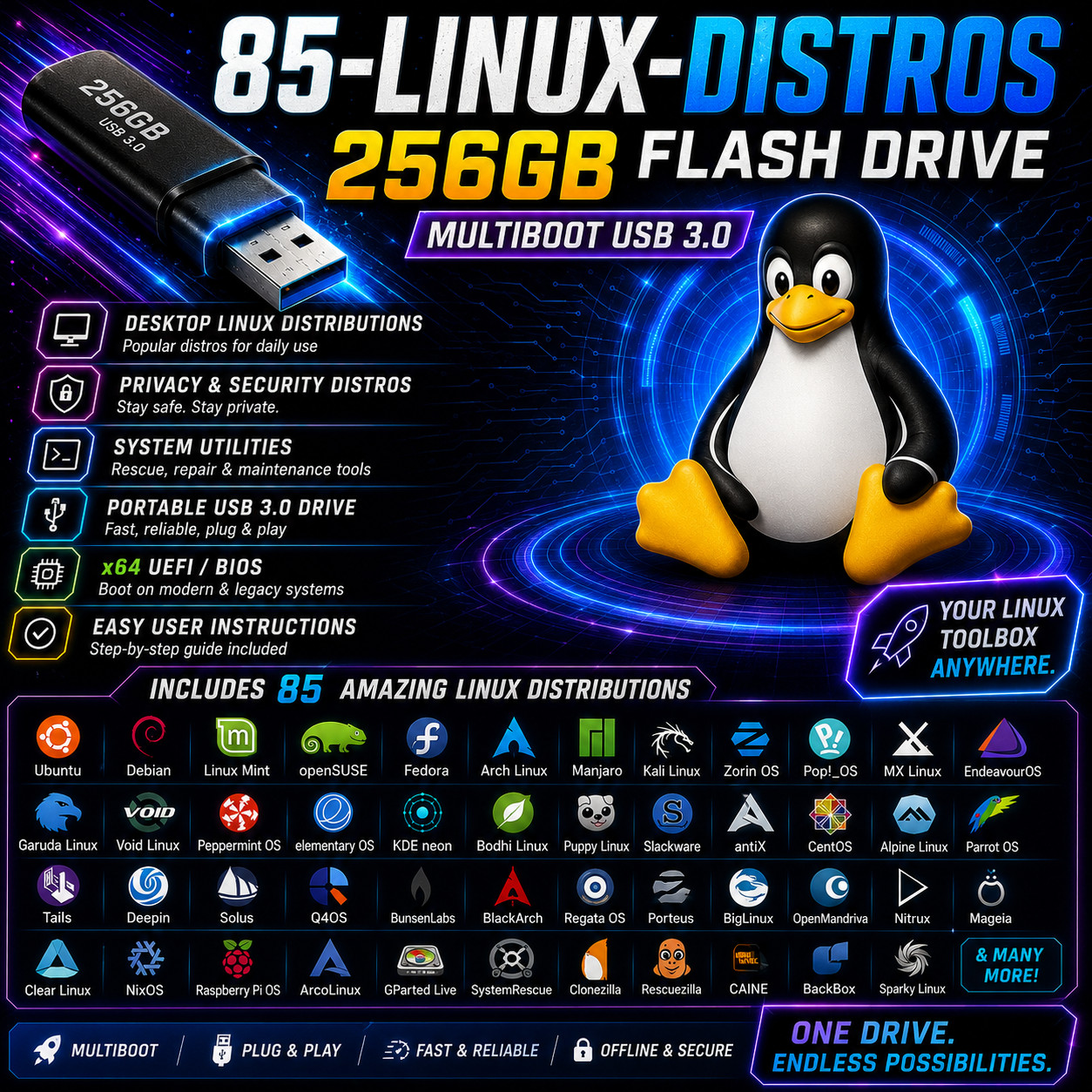 🔥 85-in-1 LINUX DISTROS / MULTIBOOT TWO MASTER USBs MEGA PACK # 1 / FAST SHIP
