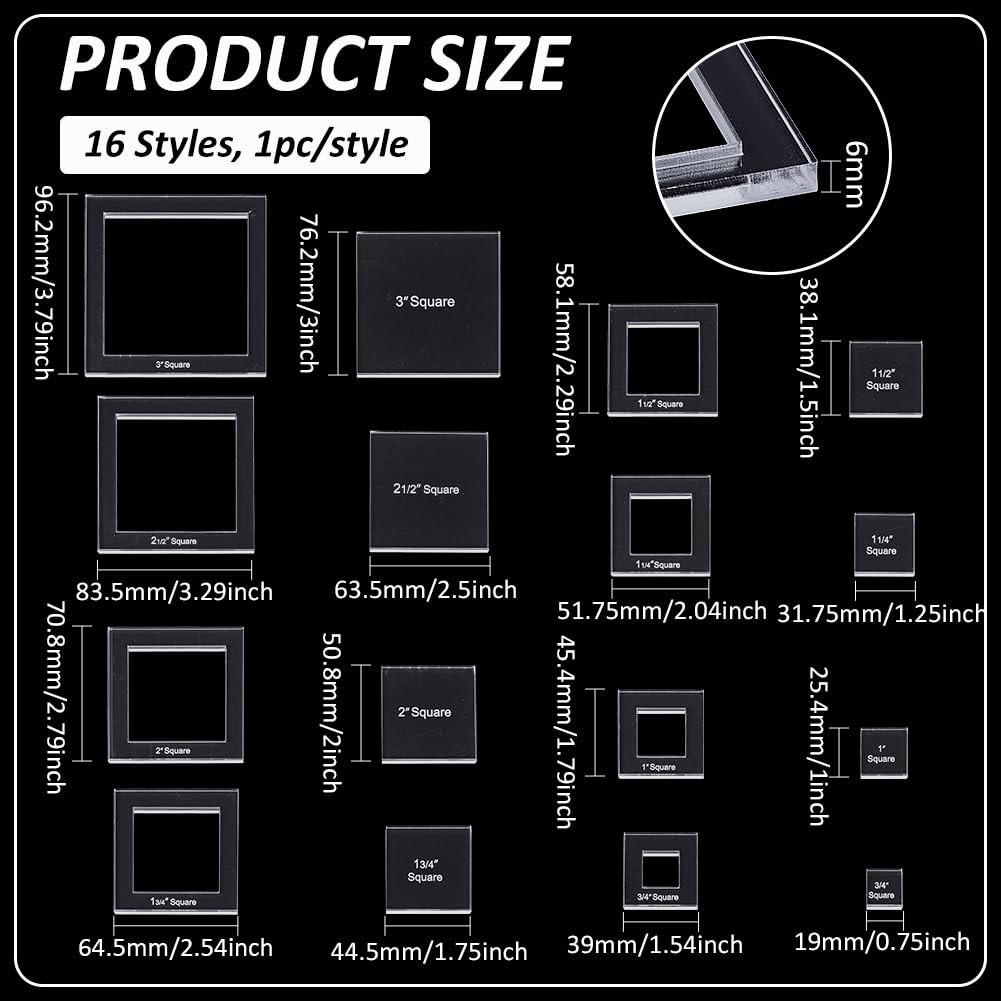 16-Size Square Quilting Template 6mm Thick Acrylic Ruler for Patchwork Cutting