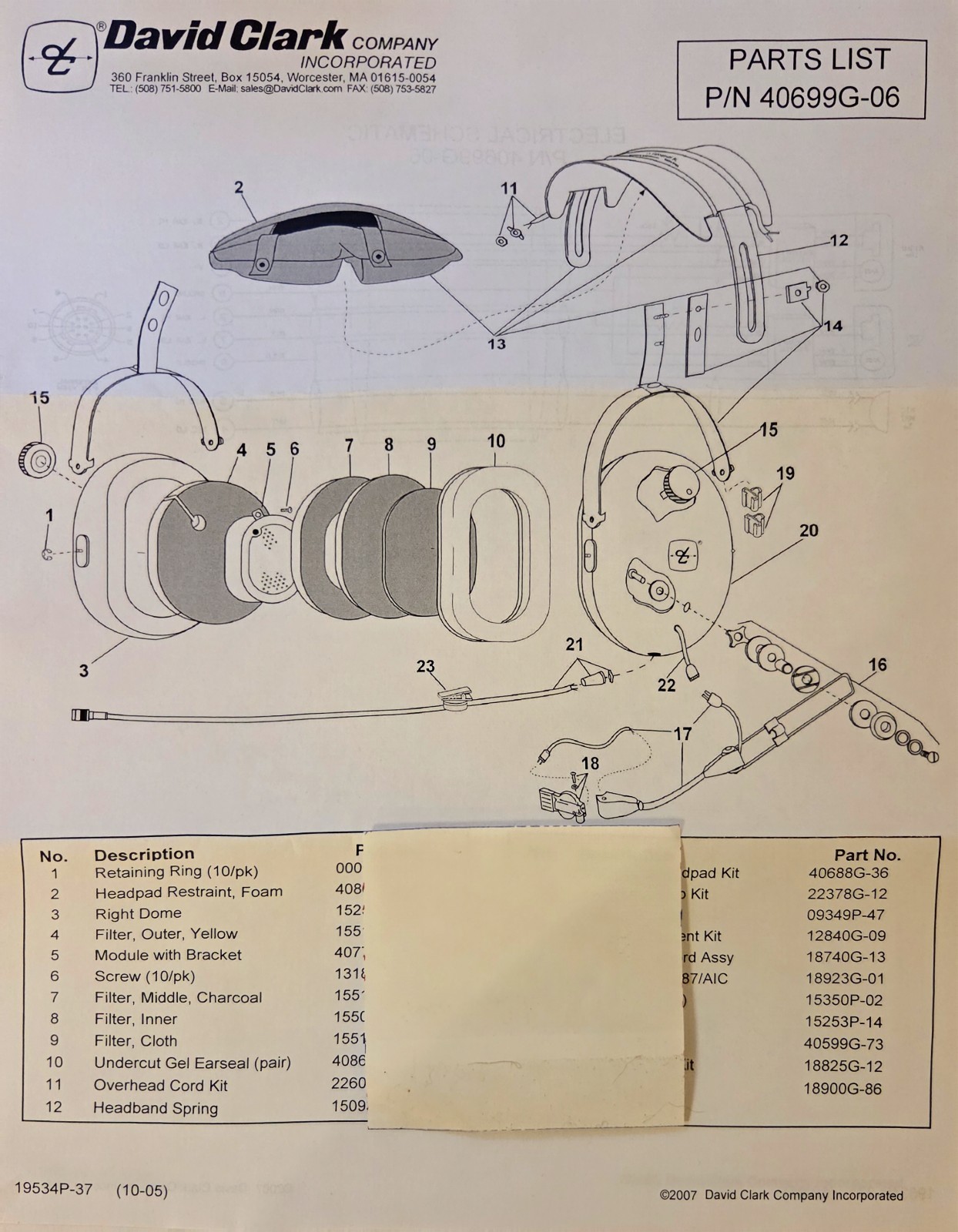 David Clark Headset P/N: 40941G-01 Series Head Set Instructions / Wiring Diagram
