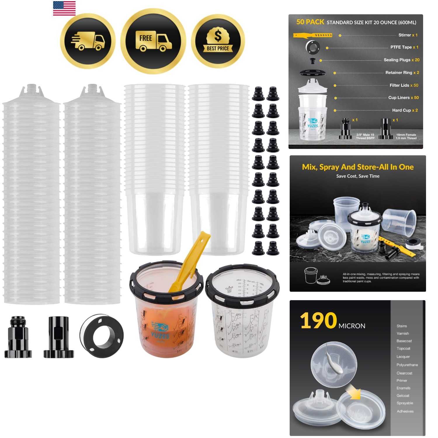 50 Disposable Paint Cups with Lids 20 oz, 190-Micron, 2 Paint Mixing Cups wit...