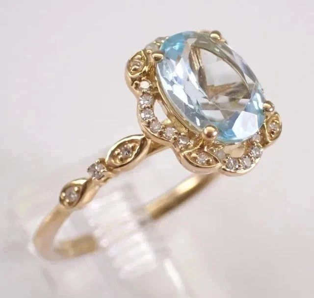 2.00 Ct Oval Cut Natural Aquamarine & Diamond Wedding Ring 14K Yellow Gold