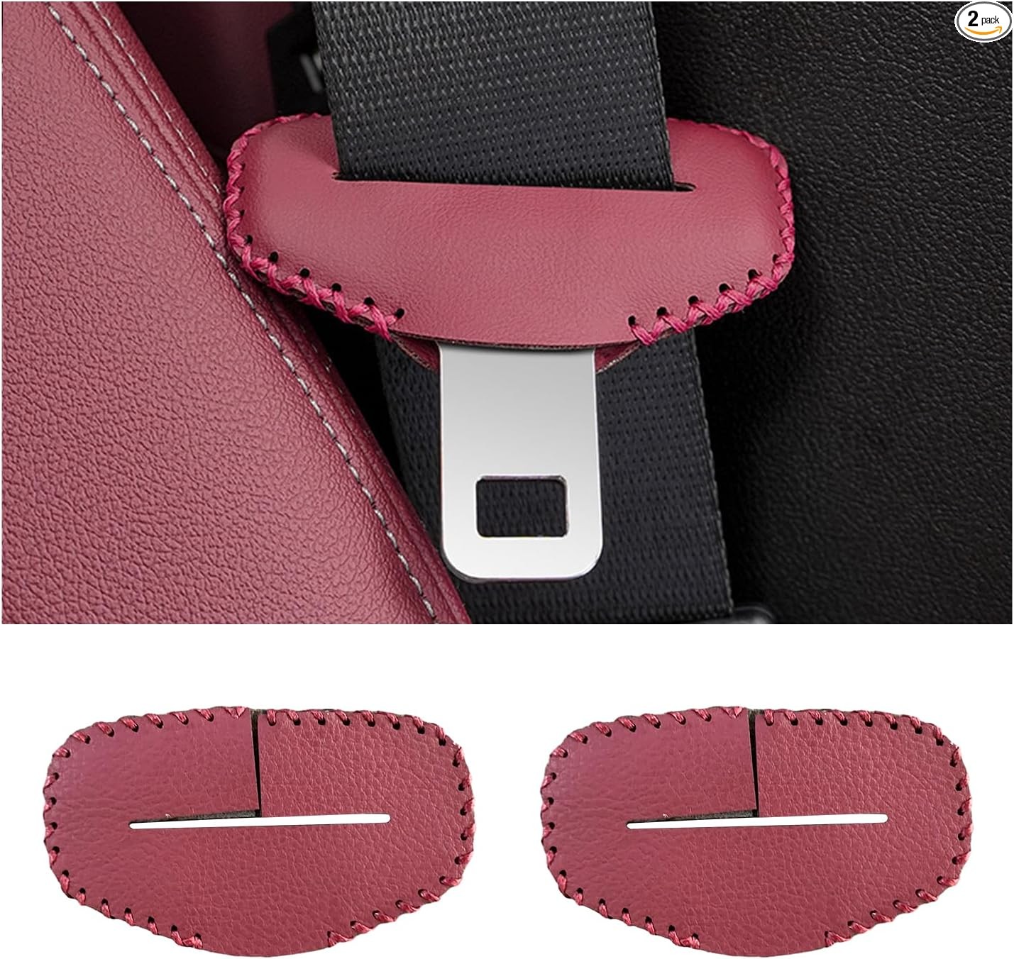 2PCS Seat Belt Buckle Cover, Anti-Scratch Leather Car Seat Belt Silencer Red