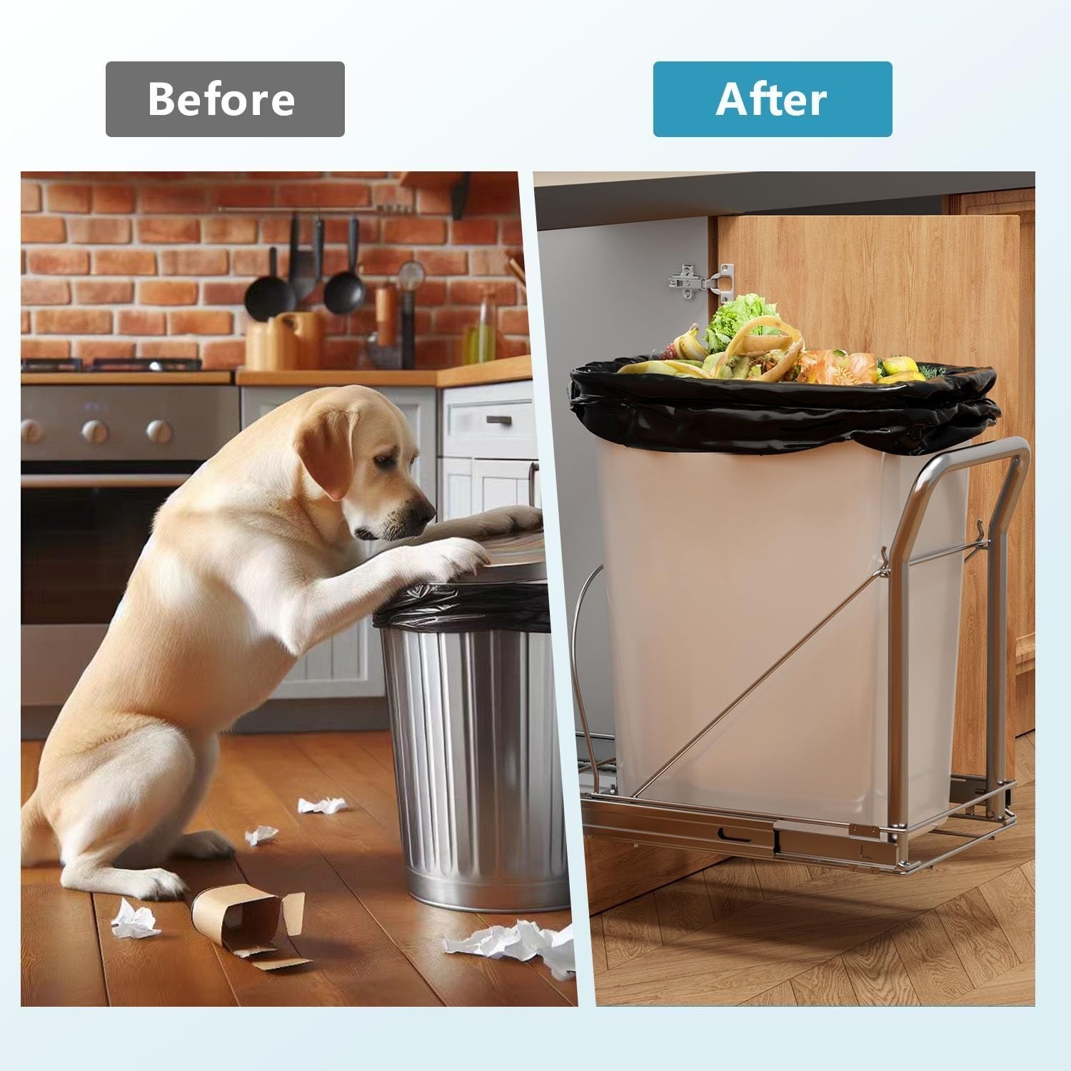 Pull Out Trash Can Under Cabinet with Soft-Close Slides，Heavy Duty Slide