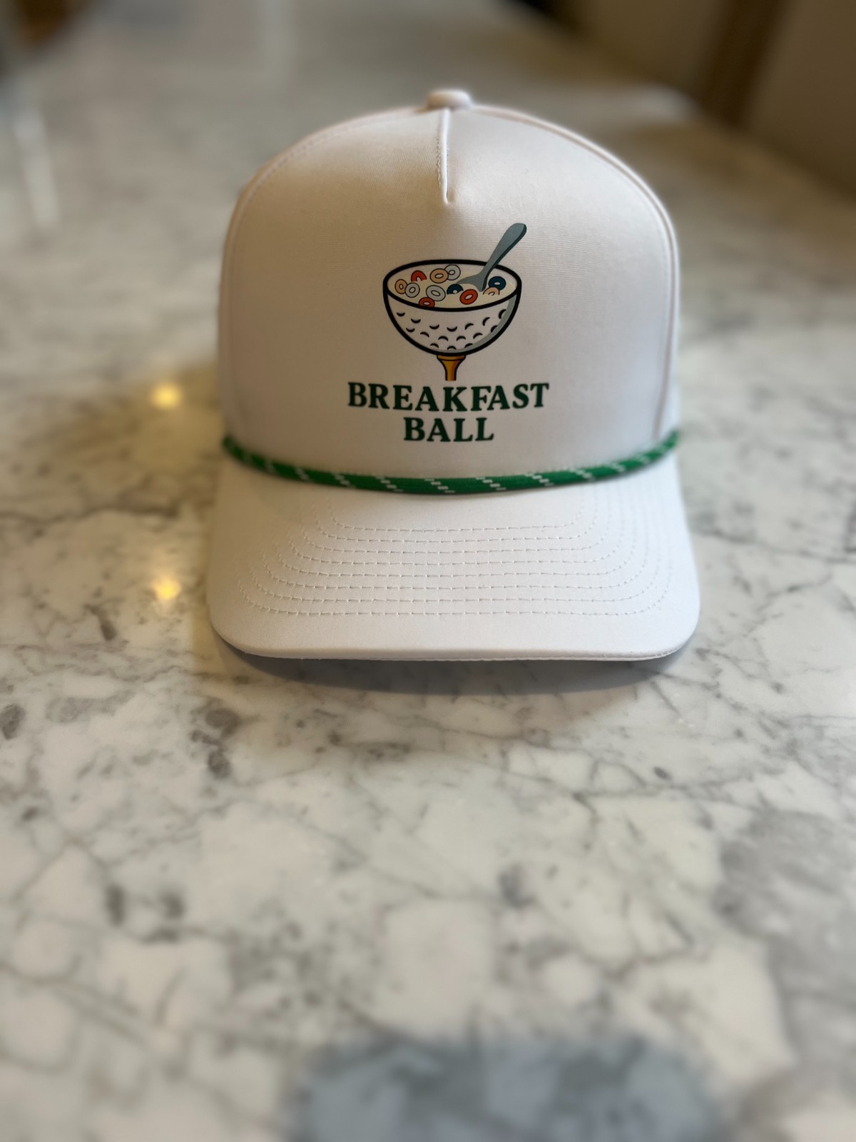 Breakfast Ball Golf Hat White Snapback w/ Tee Holder & Green Rope. Adjustable.
