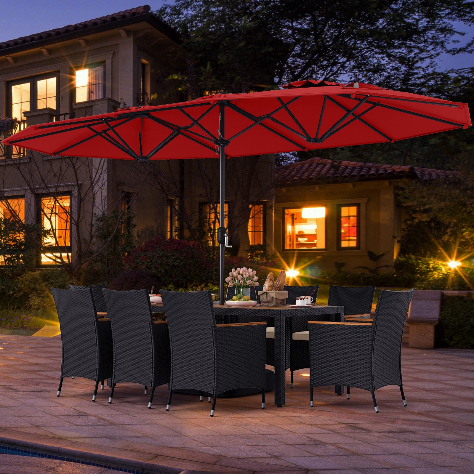 11PCS Patio Wicker Dining Set w/Double-Sided Outdoor Umbrella 8 Stackable Chairs