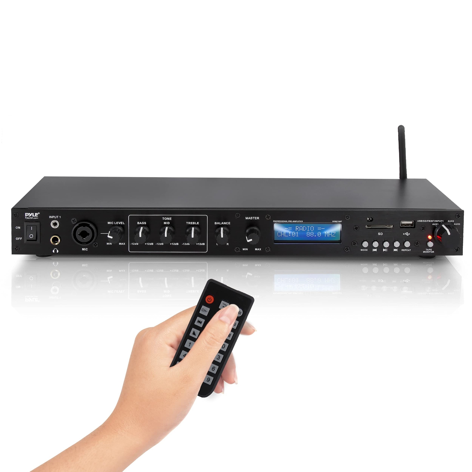 Pyle Rack Mount Studio Pre-Amplifier - Audio Receiver System w/ Digital LCD D...