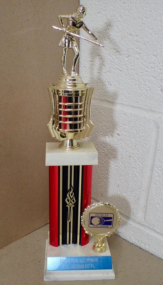 Vtg '90-91 Women's Pool Billiards 8-Ball 1st Place Trophy Bush Pool 15.5" Lot 29