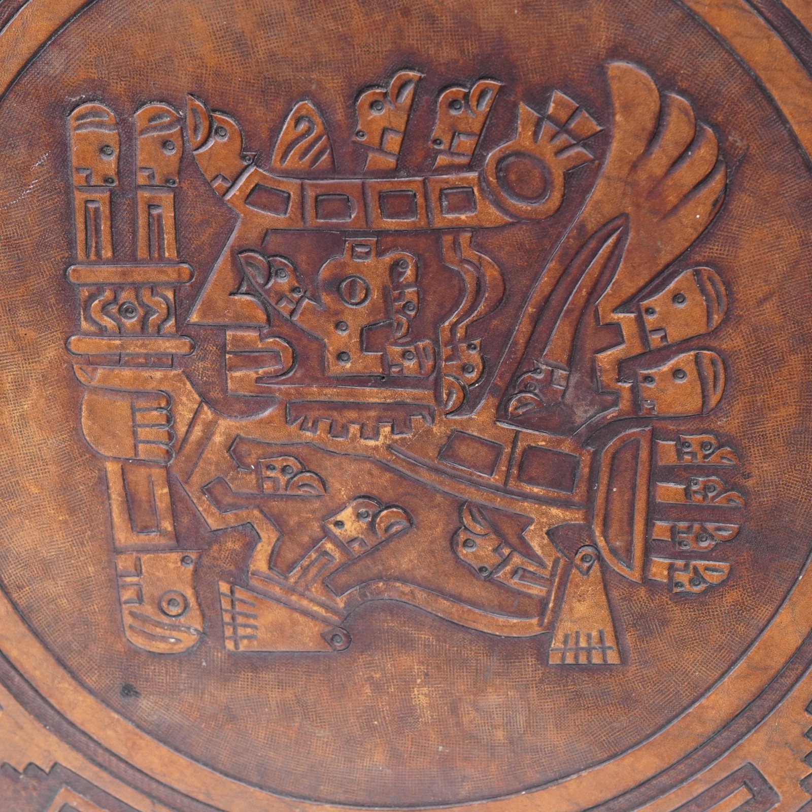 Hand Tooled Leather Top Wooden Stool Ottoman Ethnic Peru Mayan Aztec Warrior