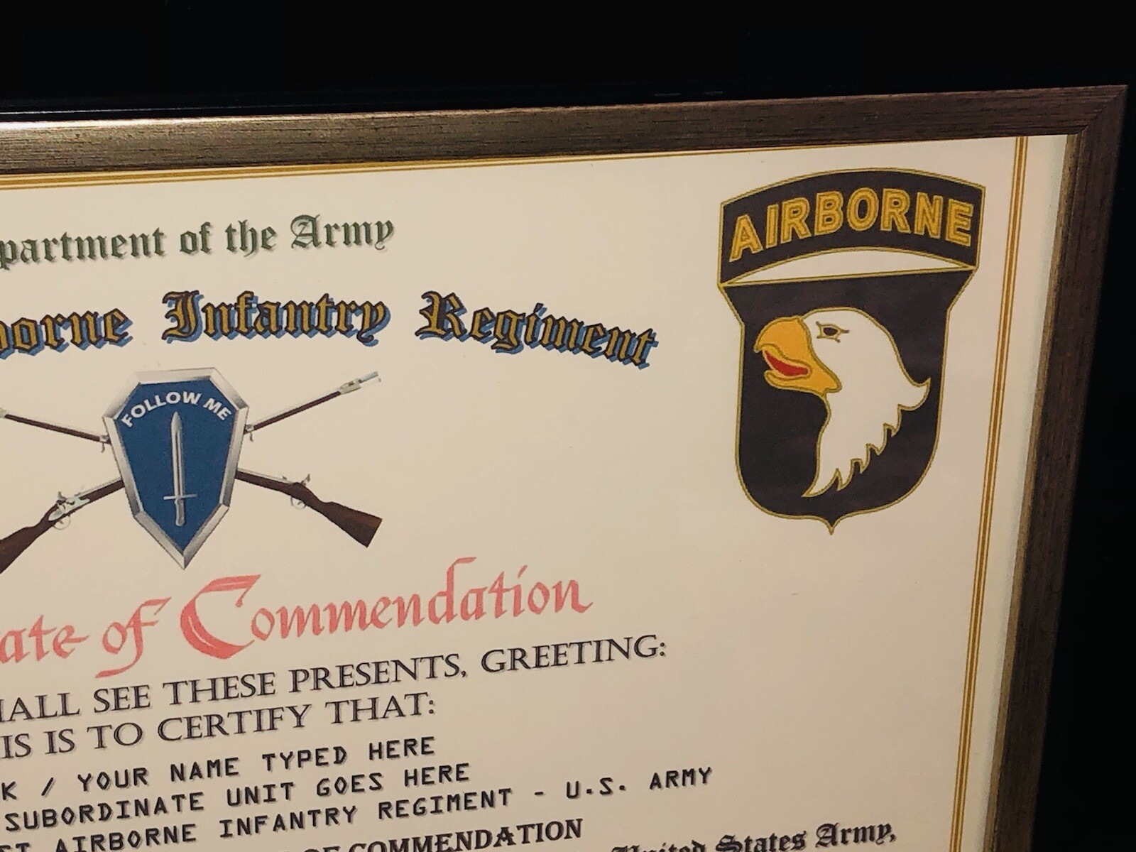 1/501ST AIRBORNE INFANTRY REGT / COMMEMORATIVE - CERTIFICATE OF COMMENDATION