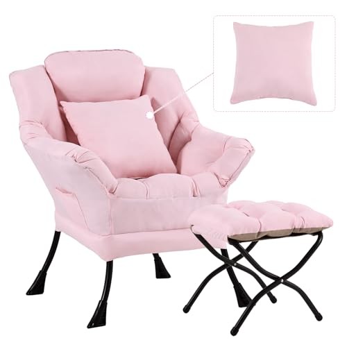 Lazy Chair with Ottoman, Comfy Reading Lounge Chair with Pink-same Color Pillow