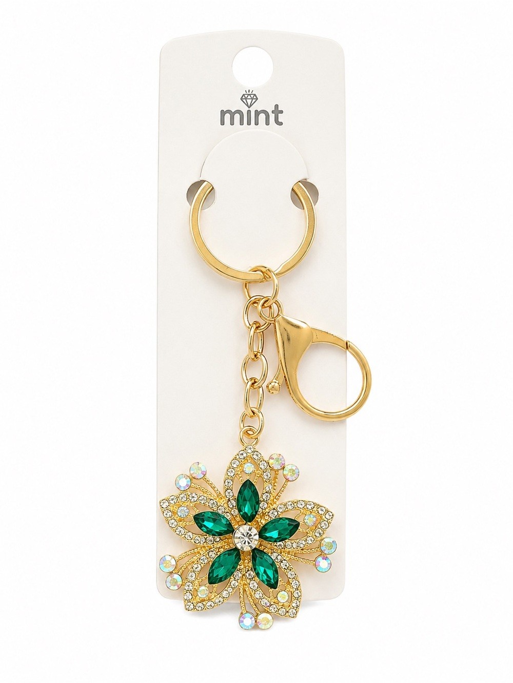 Mint Green Crystal Flower Keychain Gold Rhinestone Bag Charm Purse Charm NWT