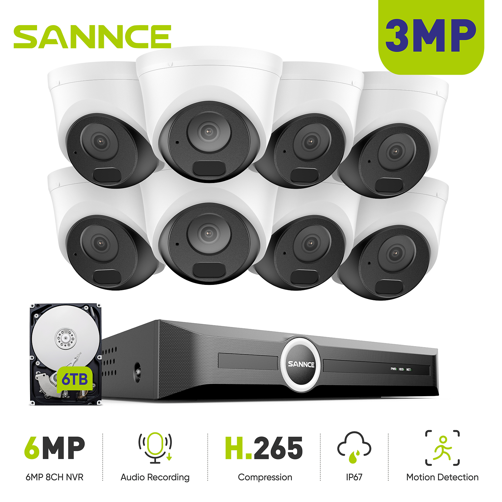 SANNCE 8CH 6MP NVR 3MP POE Security Camera System Audio Recording Motion Detect