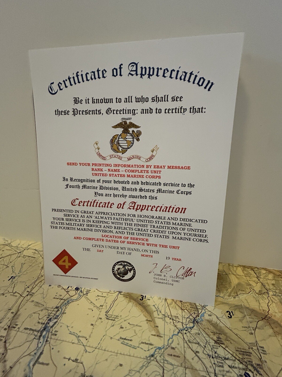 U.S. MARINE CORPS / 4TH MARINE DIVISION - CERTIFICATE OF APPRECIATION