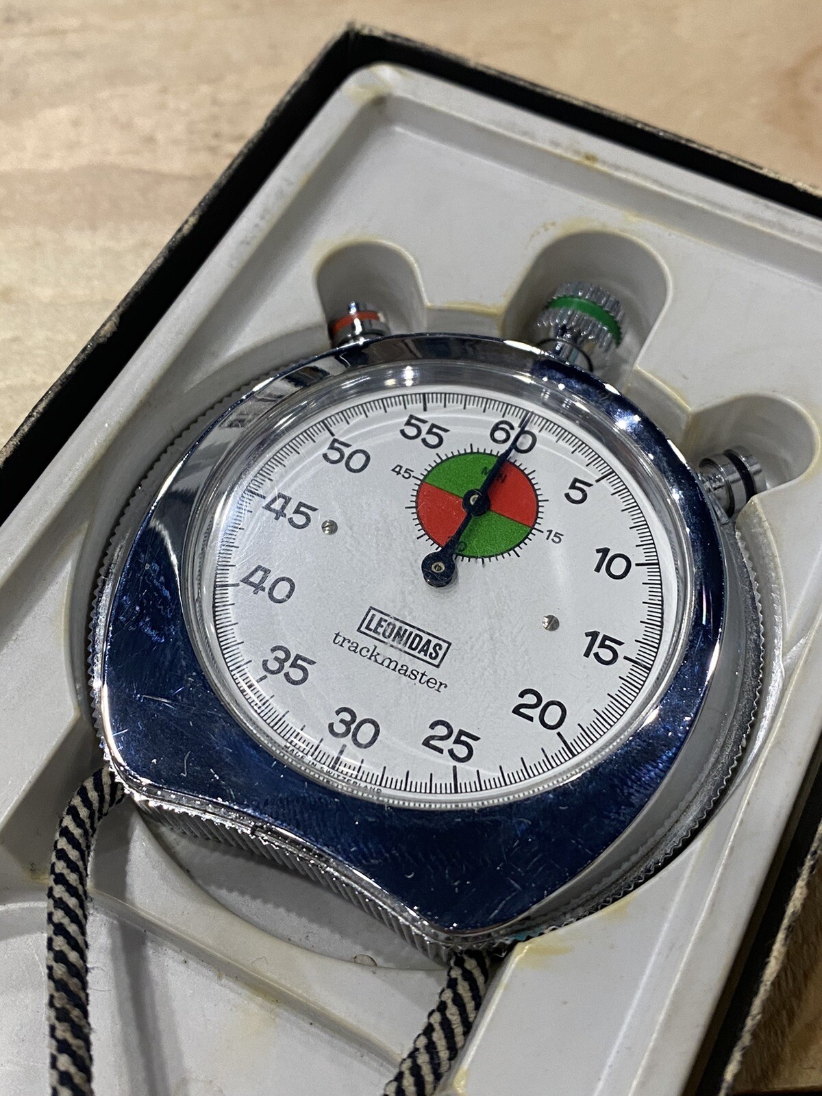 Vintage Heuer Leonidas Track Master Stopwatch Chrome Silver Corded Works 60 Mins