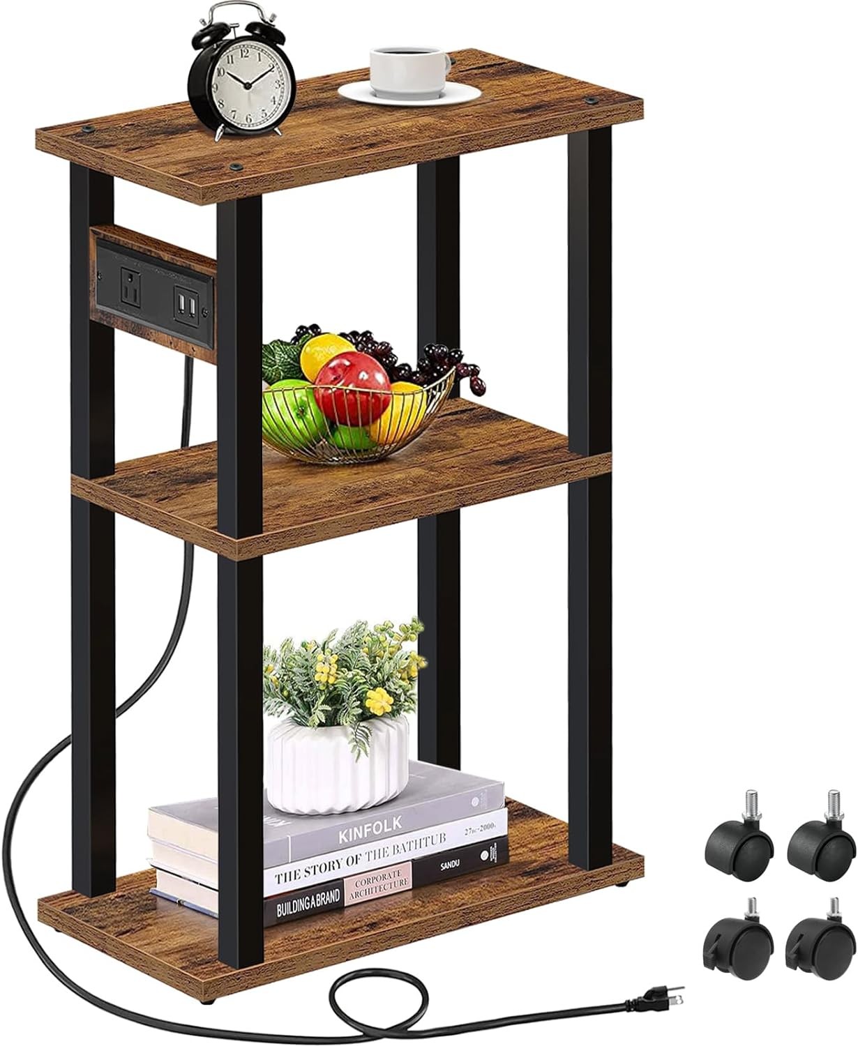 TUTOTAK Small Narrow Side Table with Charging Station, Skinny End 1 PC, Brown