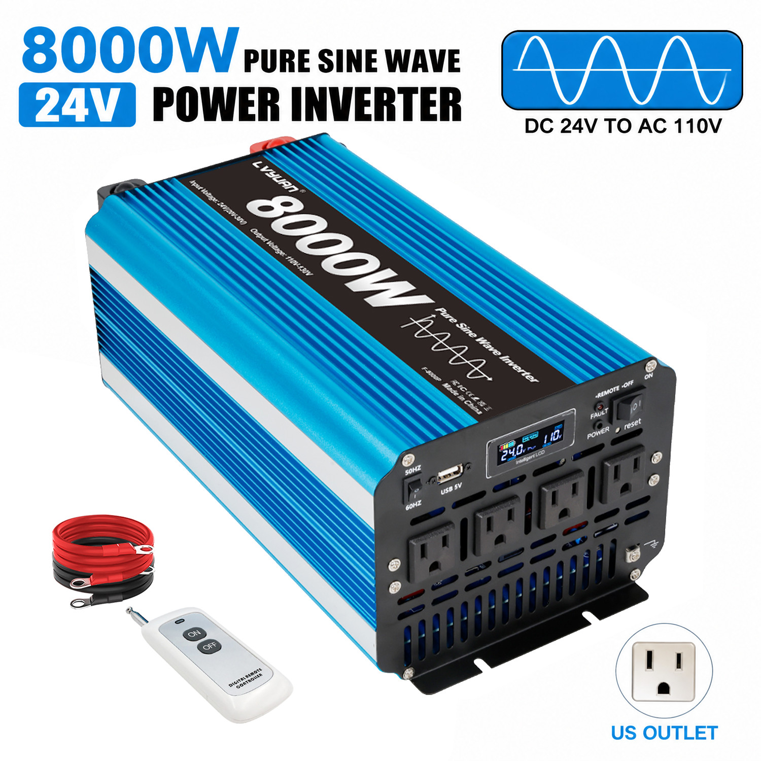 4000W Pure Sine Wave Power Inverter 24V DC to 110V AC 8000W Surge Remote LCD RV