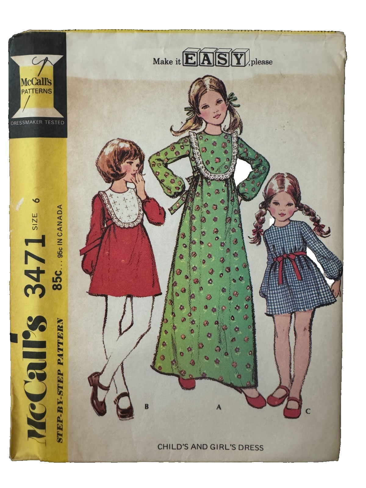 3471 McCall's Girls Sewing Pattern 1970s Bib Prairie DRESS Size 6 6T